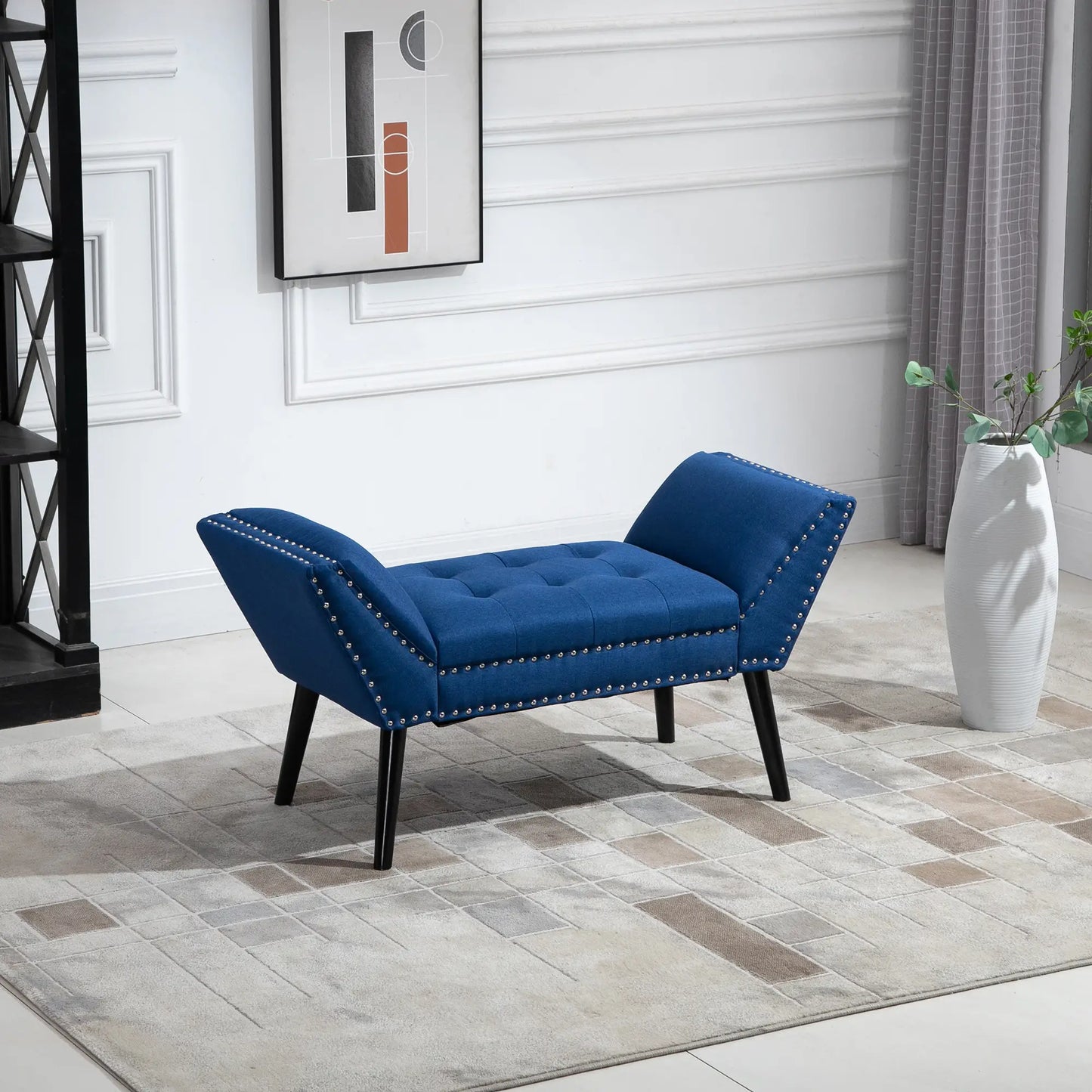 Modern Upholstered Bench with Arms and Nailhead Trim in Blue