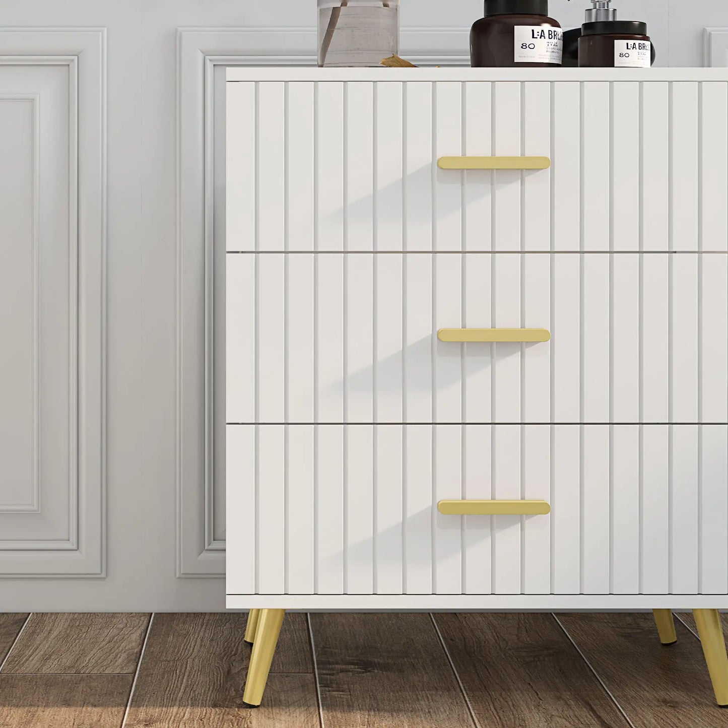 3 Drawer Drawer Chest with Aluminium Legs and Gold Handles, in White