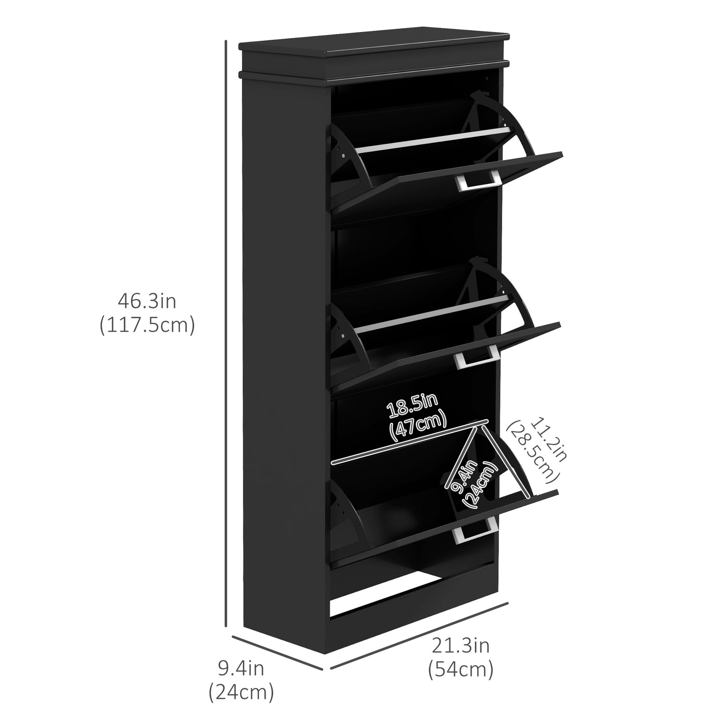 15 Pair Shoe Storage Cabinet with 3 Flip Drawers and Adjustable Shelves, Narrow, Black