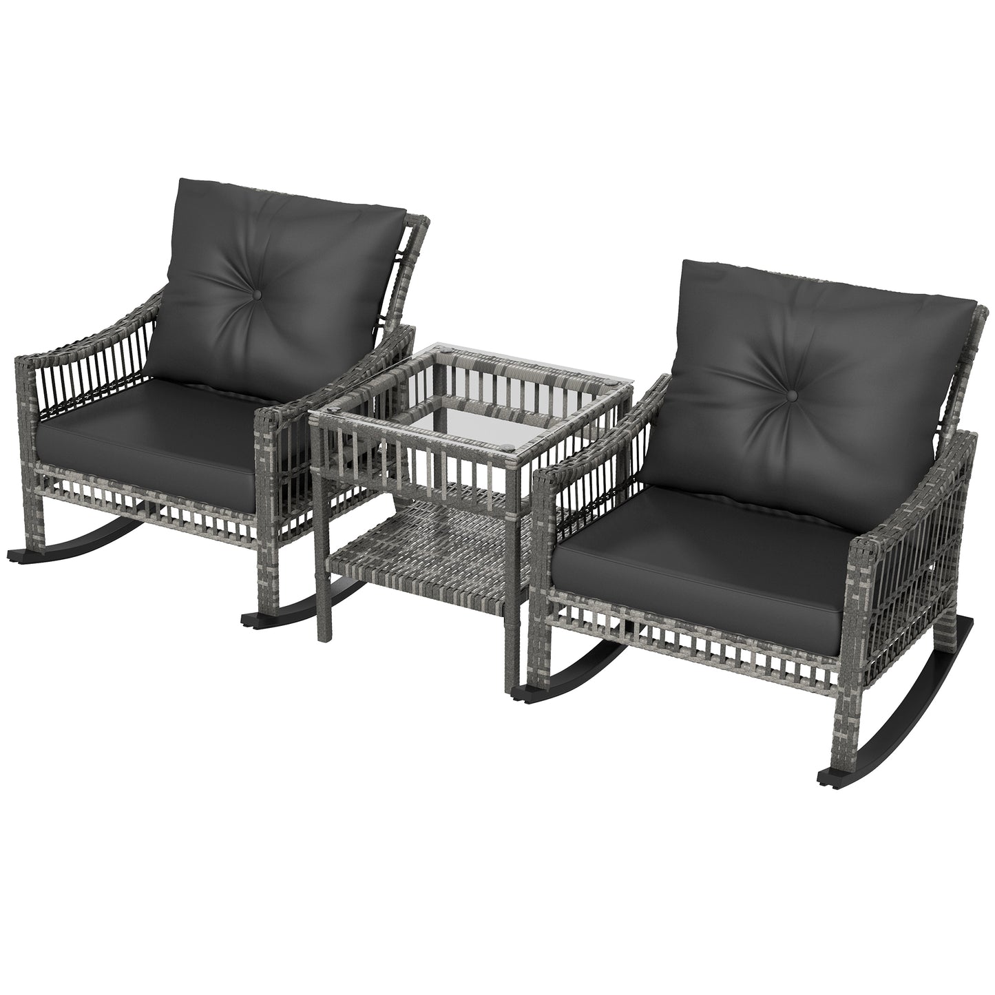 3 Pieces Outdoor PE Rattan Rocker Chair Set, Rocking Chair with Tempered Glass Table Top,25"x26"x28", Mixed Grey