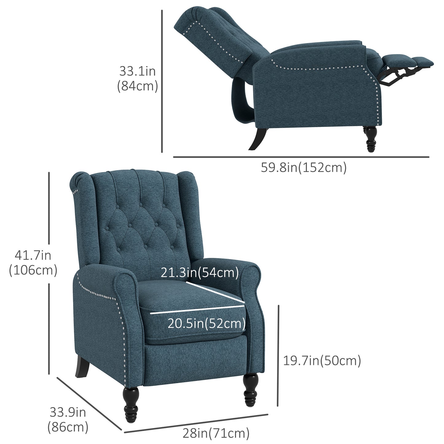 Wingback Reclining Chair with Footrest, Button Tufted Recliner Chair with Rolled Armrests for Living Room, Blue