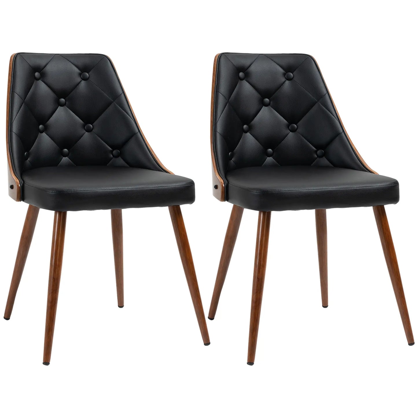 Dining Chairs Set of 2, Tufted, PU Leather Upholstered Seats and Steel Legs, Black