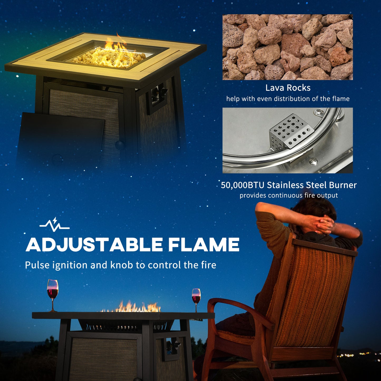 50,000 BTU Propane Fire Table, 28" Gas Firepit Table with Pulse Ignition, Lava Rocks, Rain Cover, Brown