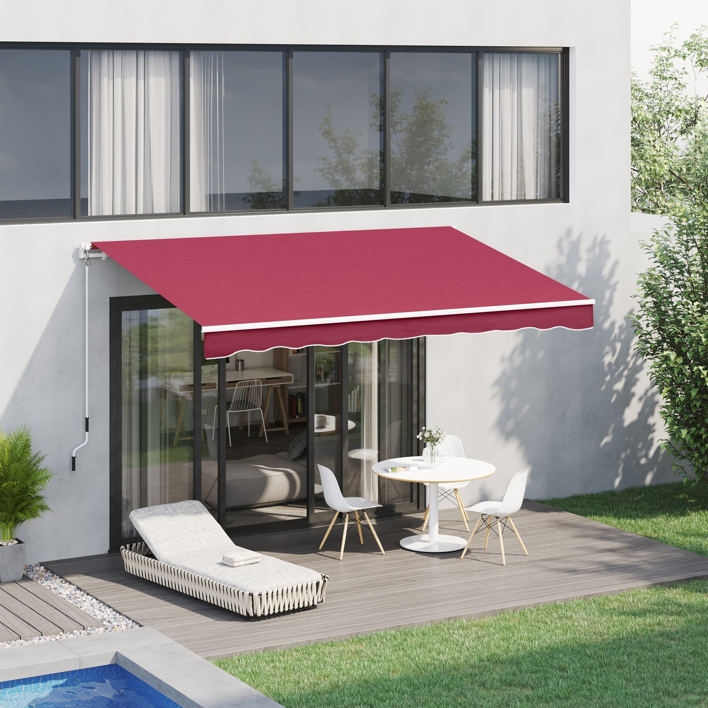 Outsunny 13'x8' Manual Retractable Patio Awning Water-resistant Sun Shade Outdoor Deck Window Door Canopy Shelter Aluminum Frame (Wine Red)