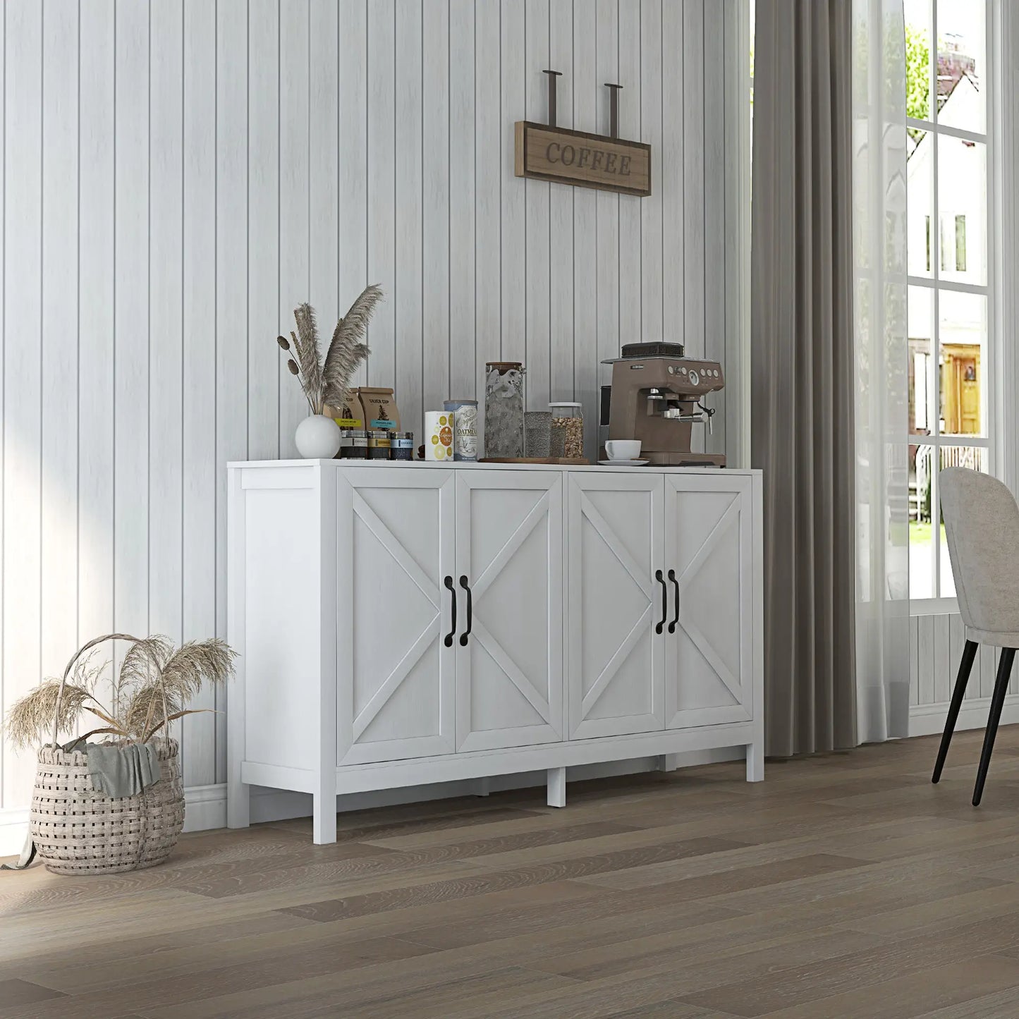 Sideboard Buffet with Barn Door and Adjustable Shelf in White