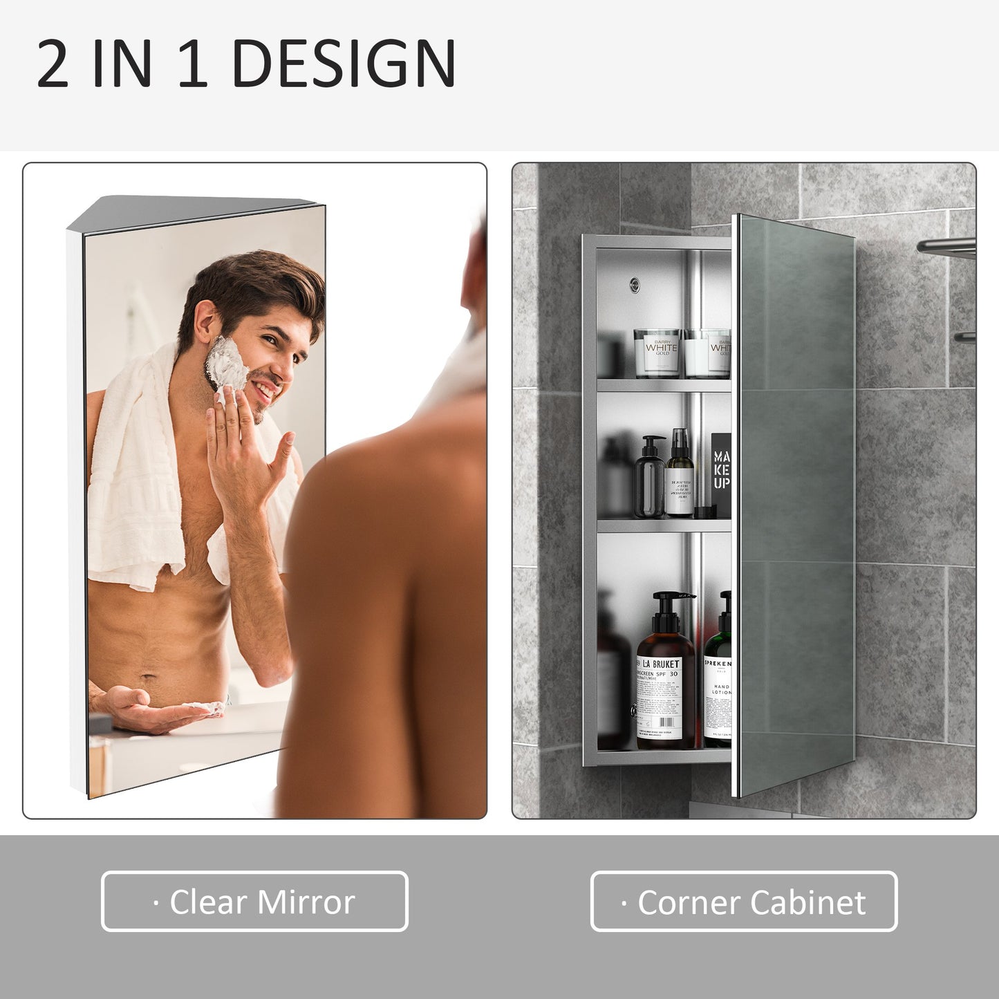 Wall mounted Bathroom Corner Mirror Storage Cabinet Stainless Steel with Single Door