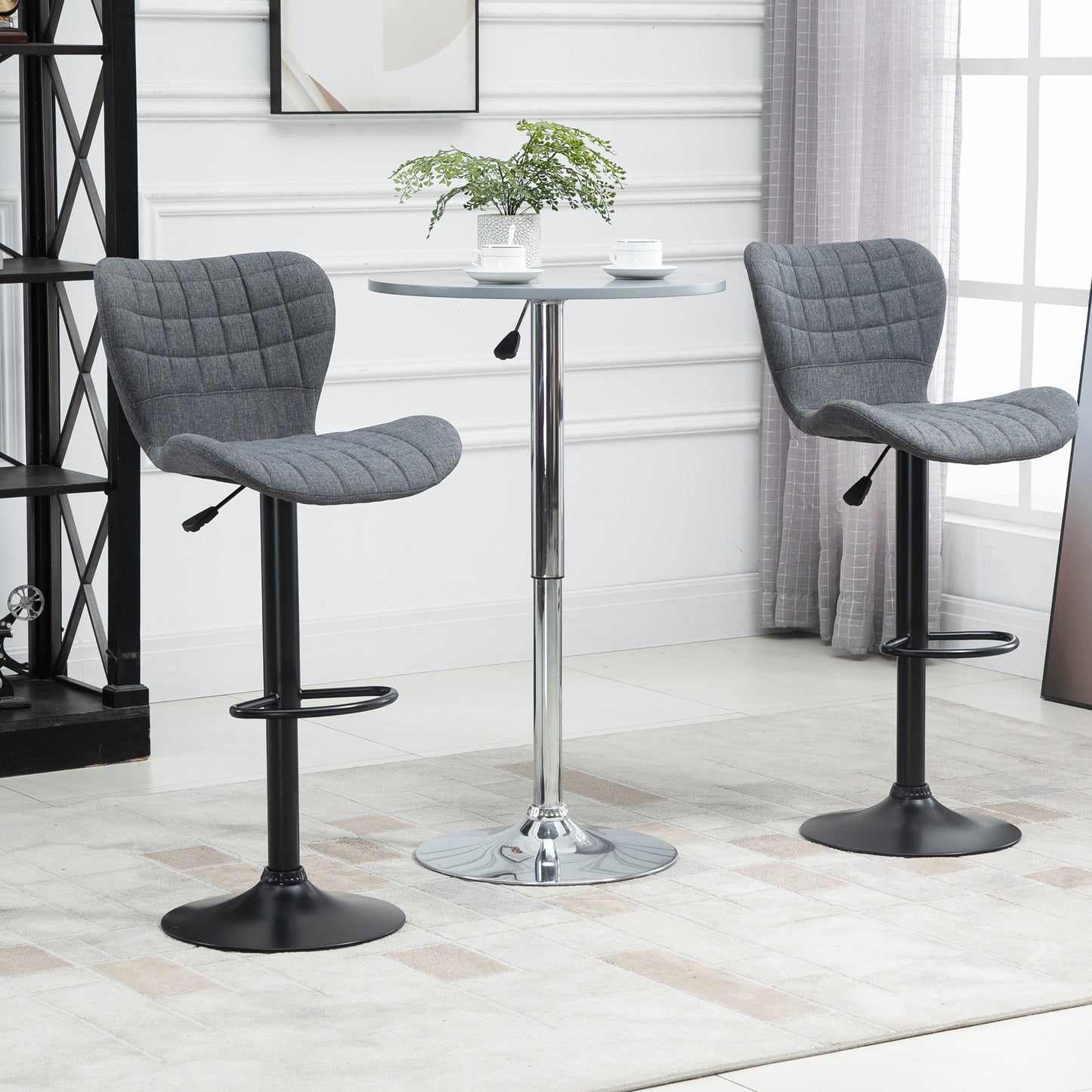 Bar Stools Set of 2 Adjustable Height Swivel Bar Chairs in Linen Fabric with Backrest & Footrest, Grey