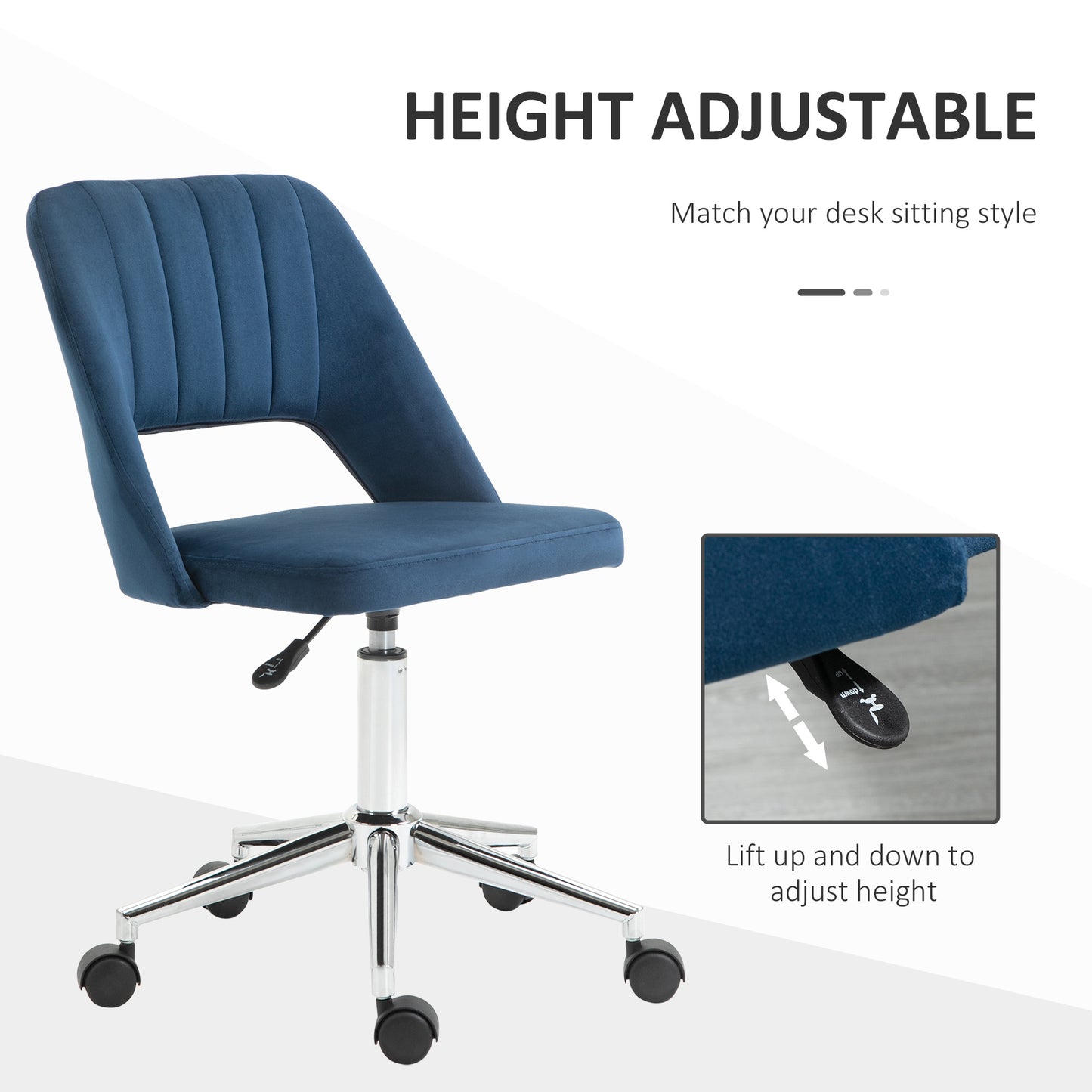 Mid Back Office Chair Velvet Fabric Swivel Scallop Shape Computer Desk Chair, Blue