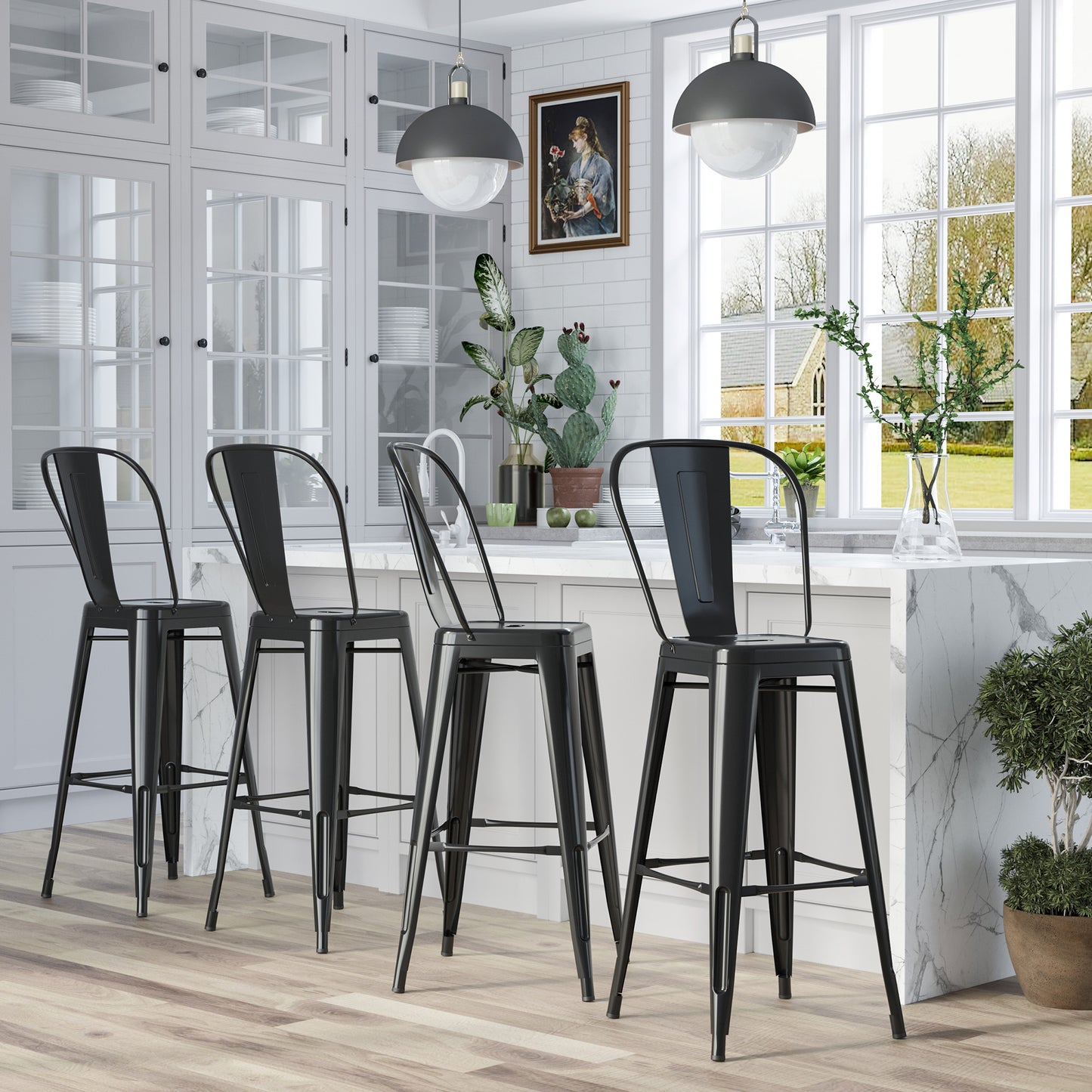 Set of 4 Bar Stools Kitchen Industrial Breakfast Bistro Cafe Metal Frame Black