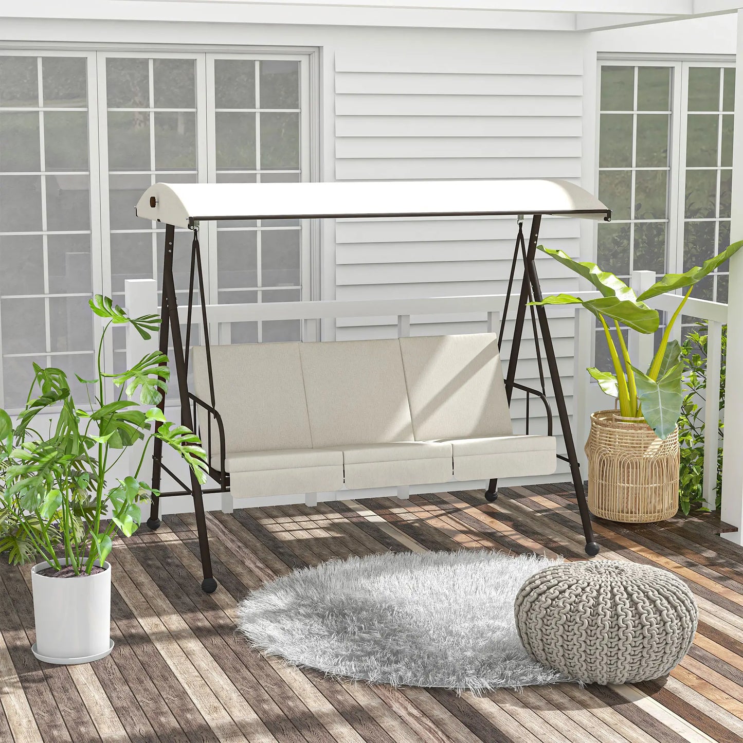 3-Seat Outdoor Porch Swing  with Adjustable Canopy, Removable Seat and Back Cushion