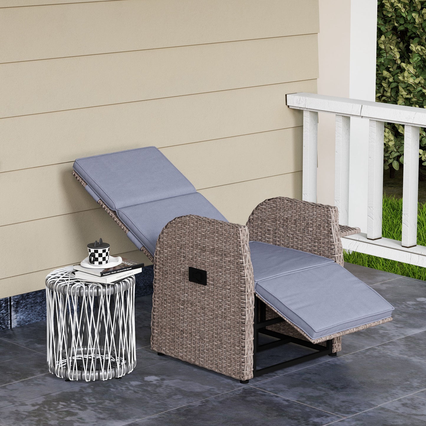 Outdoor Recliner Chair with Adjustable Backrest & Footrest, Cushion, Side Tray, Grey