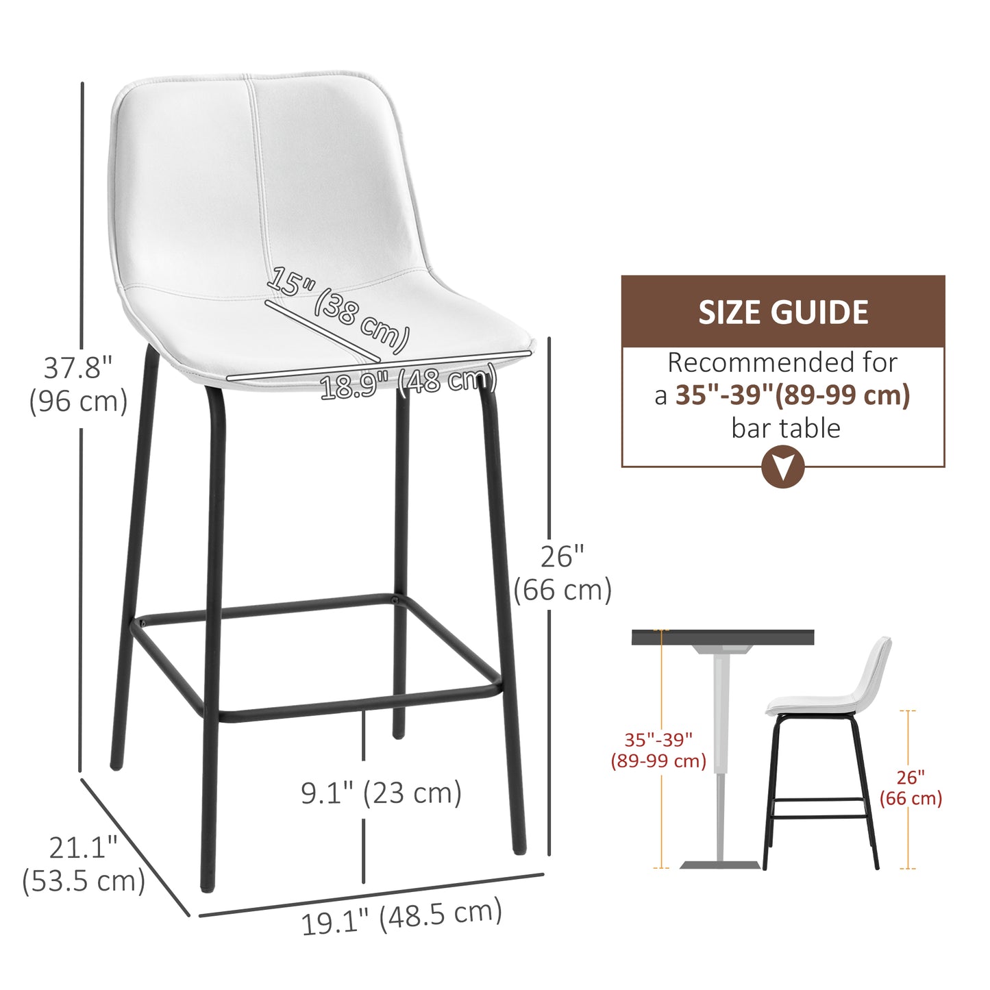 SET OF 2 Upholstered Bar Stools Counter Height with Steel Legs in White