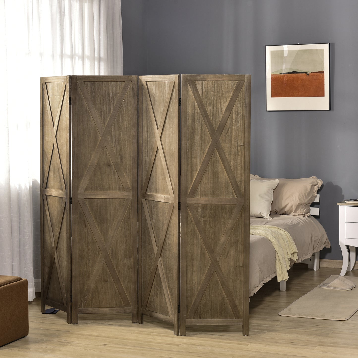 4-panel Farmhouse Room Separator with Foldable Design Wooden Frame 5.6FT, Brown