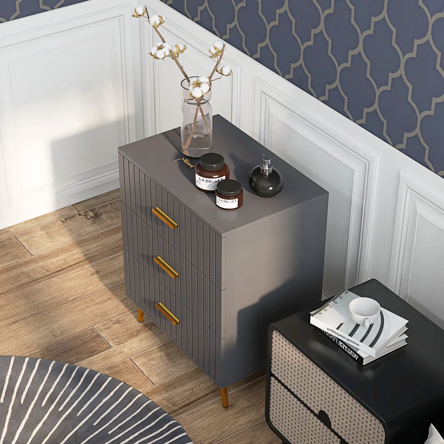 3 Drawer Drawer Chest with Aluminium Legs and Gold Handles, in Dark Grey