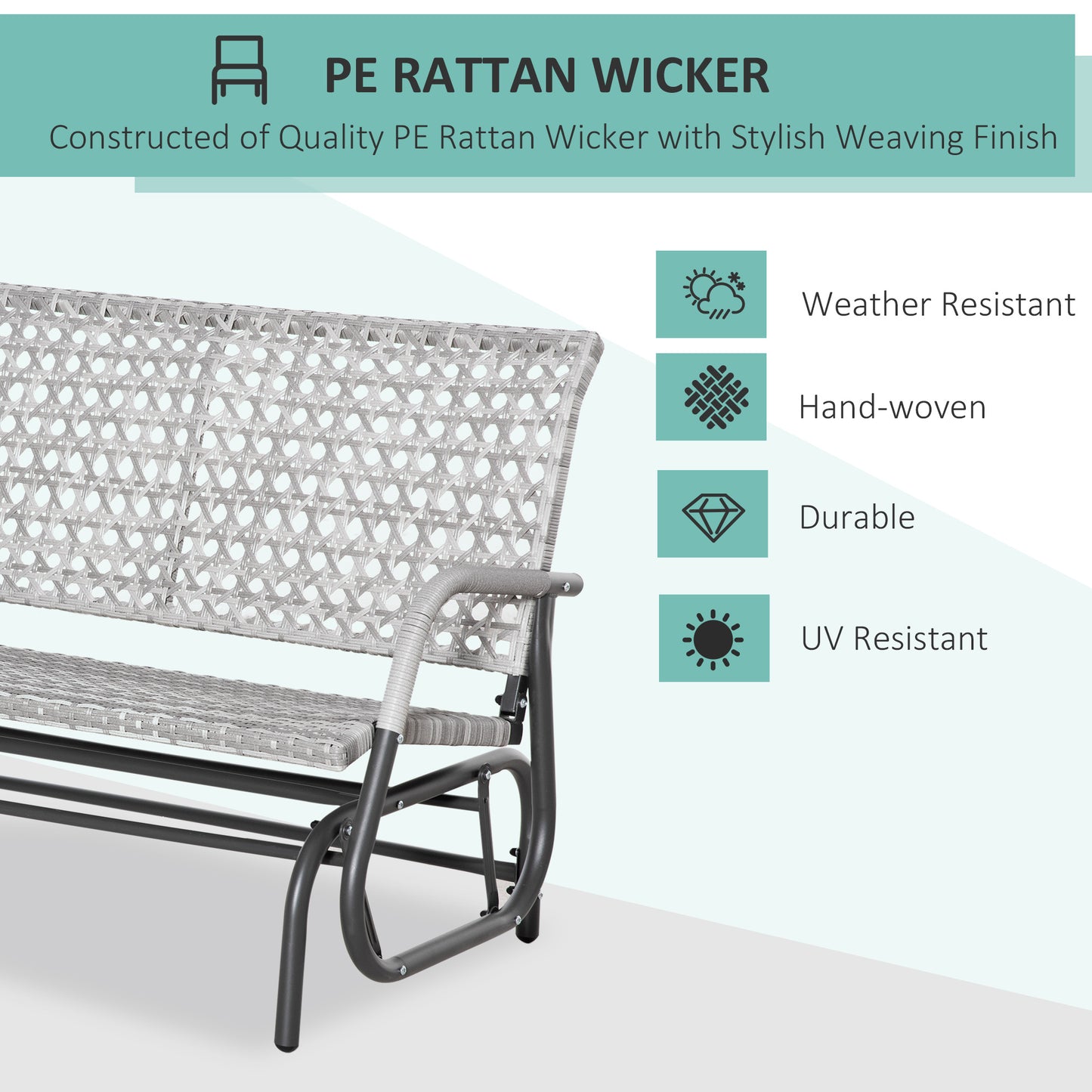 Outsunny 2 Person Patio Glider Rattan Outdoor Swing Rocker Chair Garden Bench, Garden Loveseat Rocking, w/Extra Wide Seat & Curved Backrest for Backyard, Poolside, Lawn, Mixed Grey