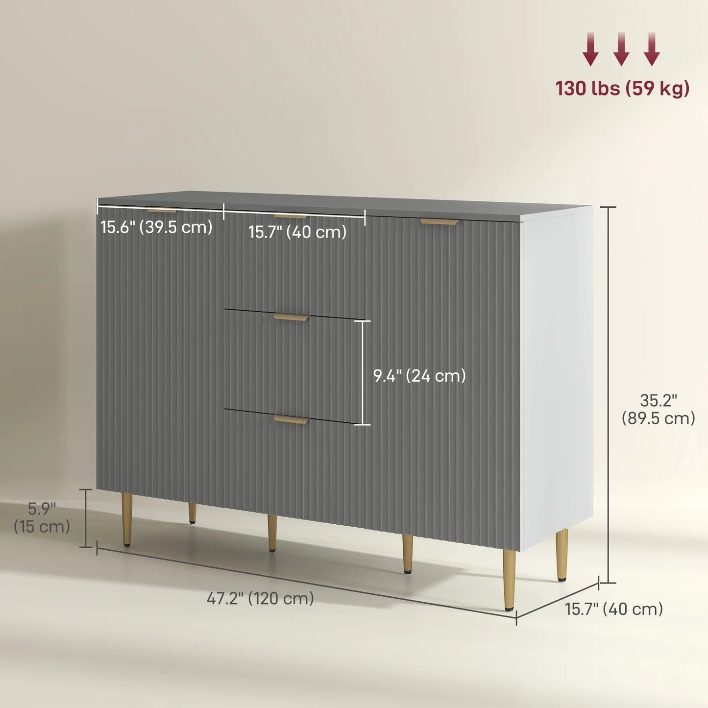 Sideboard Buffet Cabinet w/ 3 Drawers and Adjustable Shelves for Kitchen Hallway, Grey