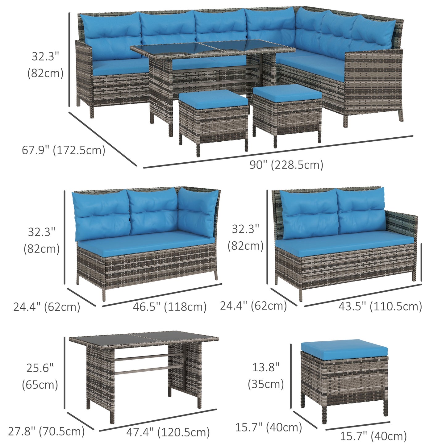 6pcs Outdoor Rattan Sofa Set Garden Wicker Sectional Couch Furniture Set with Dining Table and Chair Blue