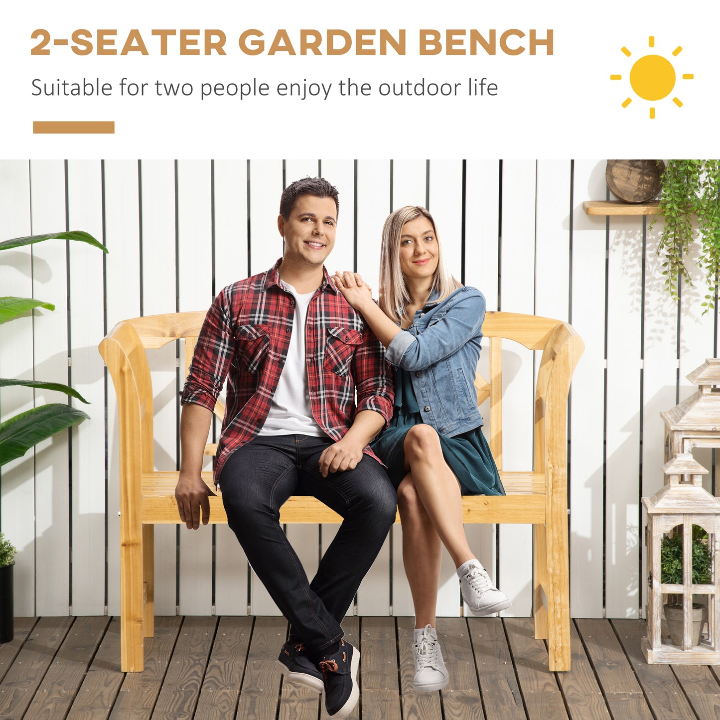 Outsunny Outdoor Wooden Bench, Patio Loveseat Chair with Stylish Pattern Backrest and Armrests for Yard, Lawn, Porch, Natural