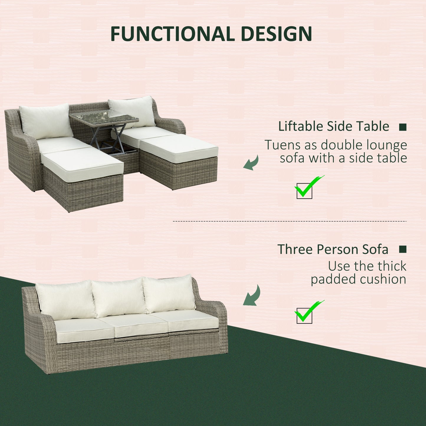 3 Pieces Wicker Patio Furniture Set with Liftable Middle Table, Aluminum Frame Full Assemblied Outdoor Sectional Conversation Sofa Set with 4" Thick Padded Cushions, Beige