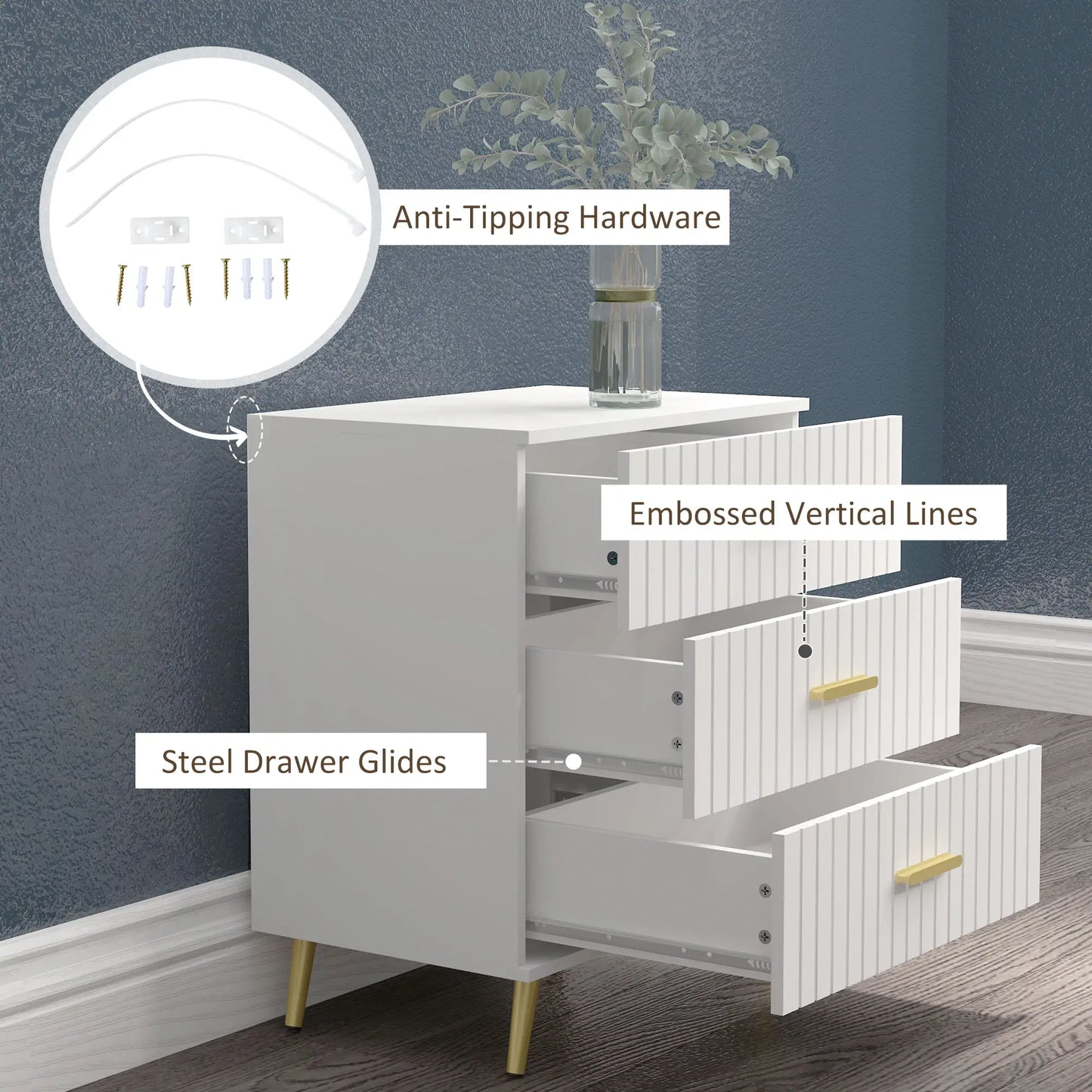 3 Drawer Drawer Chest with Aluminium Legs and Gold Handles, in White