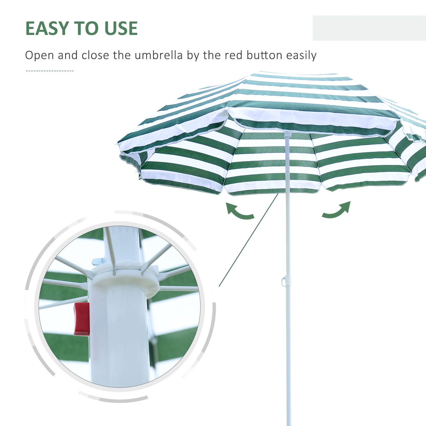 6ft Round Beach Umbrella Outdoor UV Protection Sun Shaded Canopy w/ Push Button Tilt Striped Green