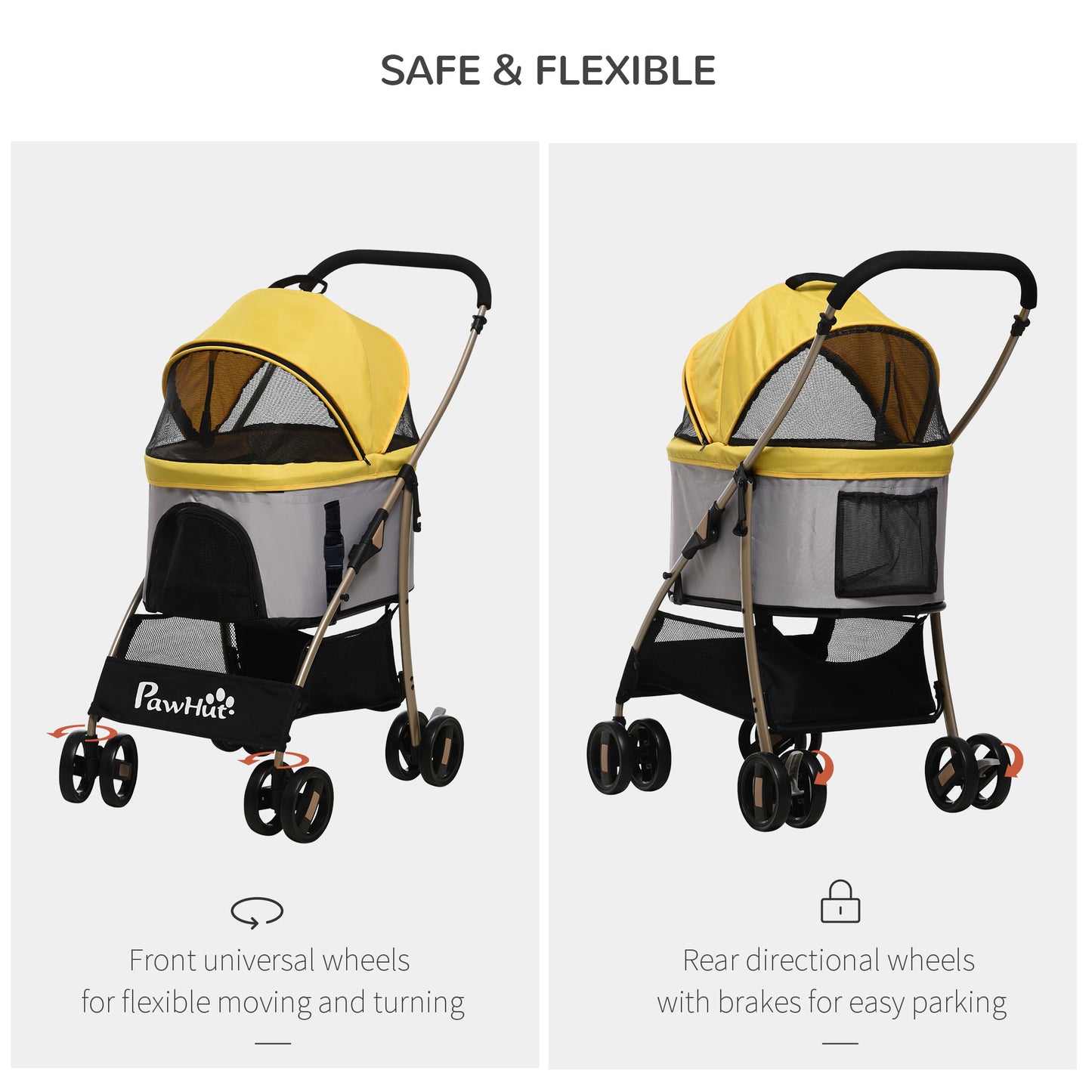 PawHut 4 Wheels Pet Stroller, 3 in 1 Dog Cat Travel Folding Carrier, for Small Dogs, Detachable, w/ Brake, Canopy, Basket, Storage Bag - Yellow