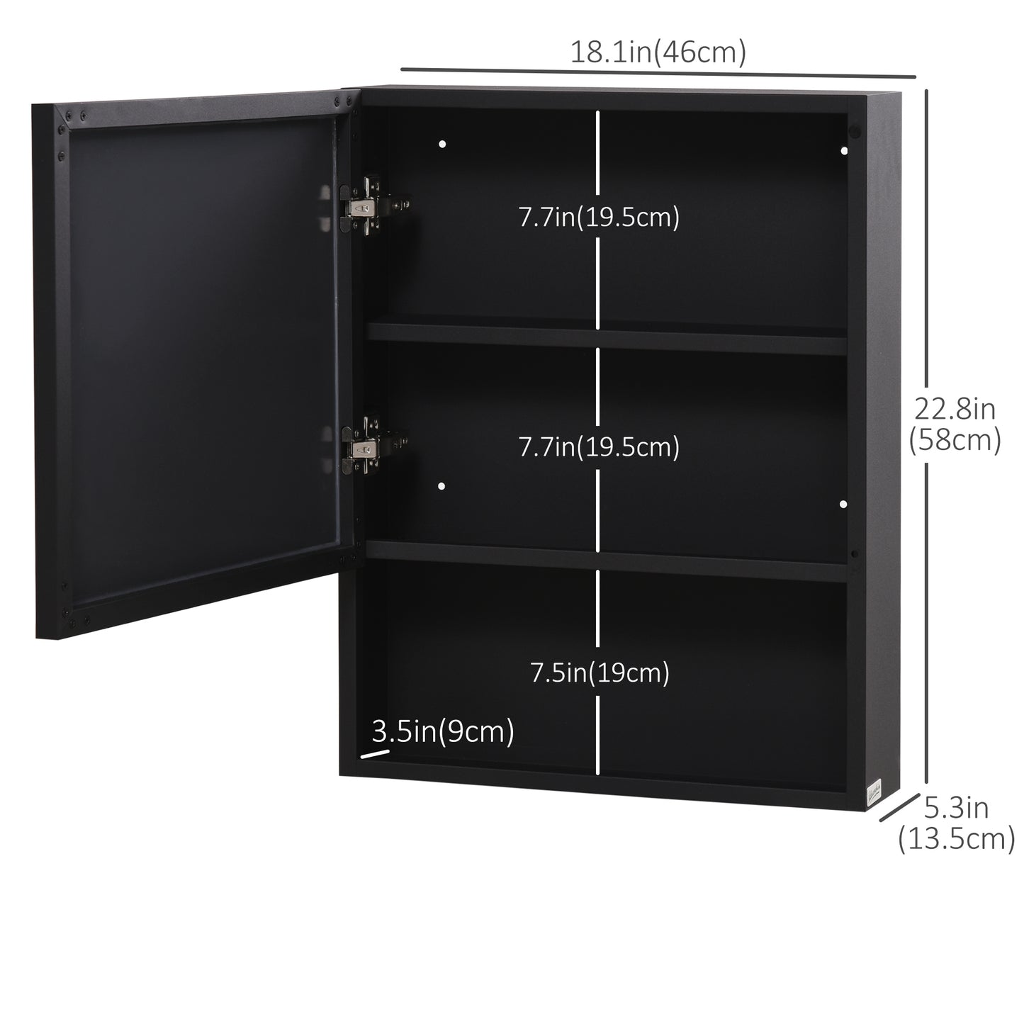 kleankin Bathroom Medicine Cabinet, Wall-Mounted Mirror Cabinet with Single Door, Storage Shelves and Stainless Steel Frame for Laundry Room, Black