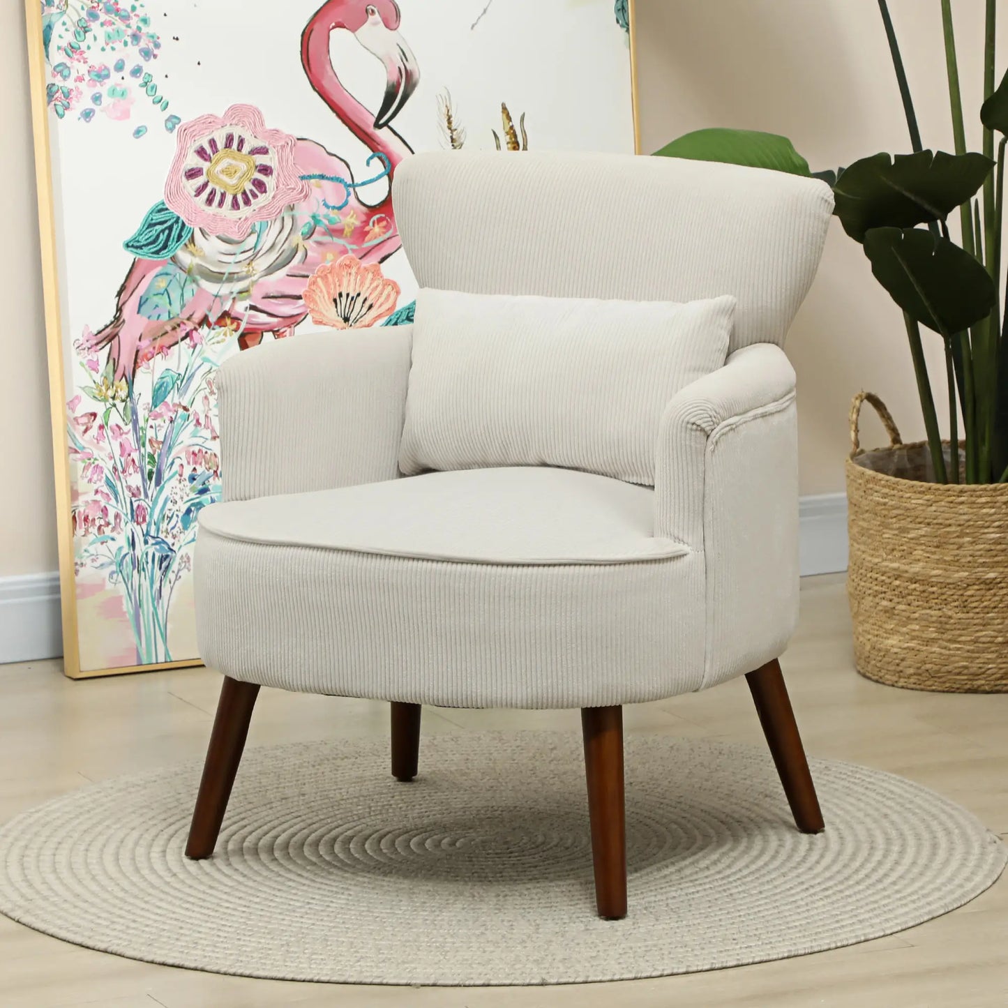 Modern Accent Chair with Solid Wood Legs and Lumbar Pillow for, Cream White