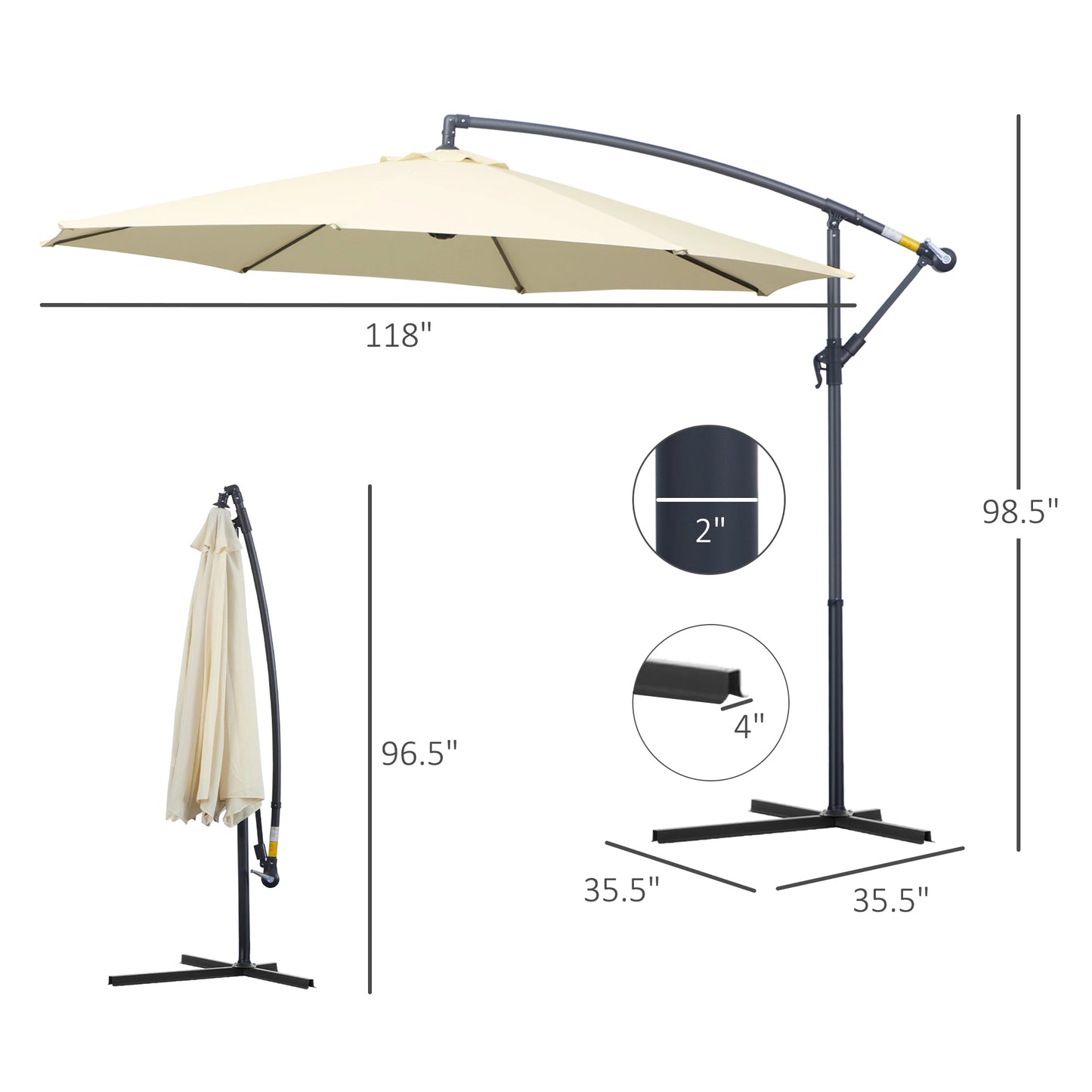 10" Deluxe Cantilever Umbrella with Hanging Offset Sunshade Crank Cross Base in Beige