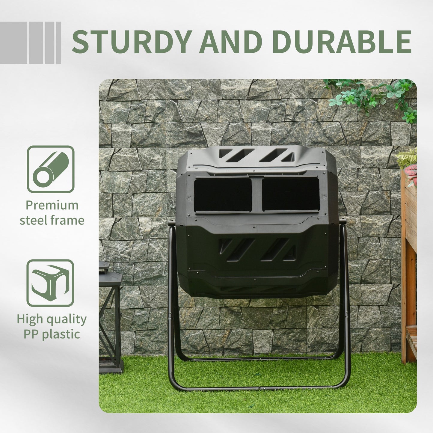 Tumbling Compost Bin Outdoor Dual Chamber 360° Rotating Composter 43 Gallon w/ Sliding Doors & Solid Steel Frame, Black