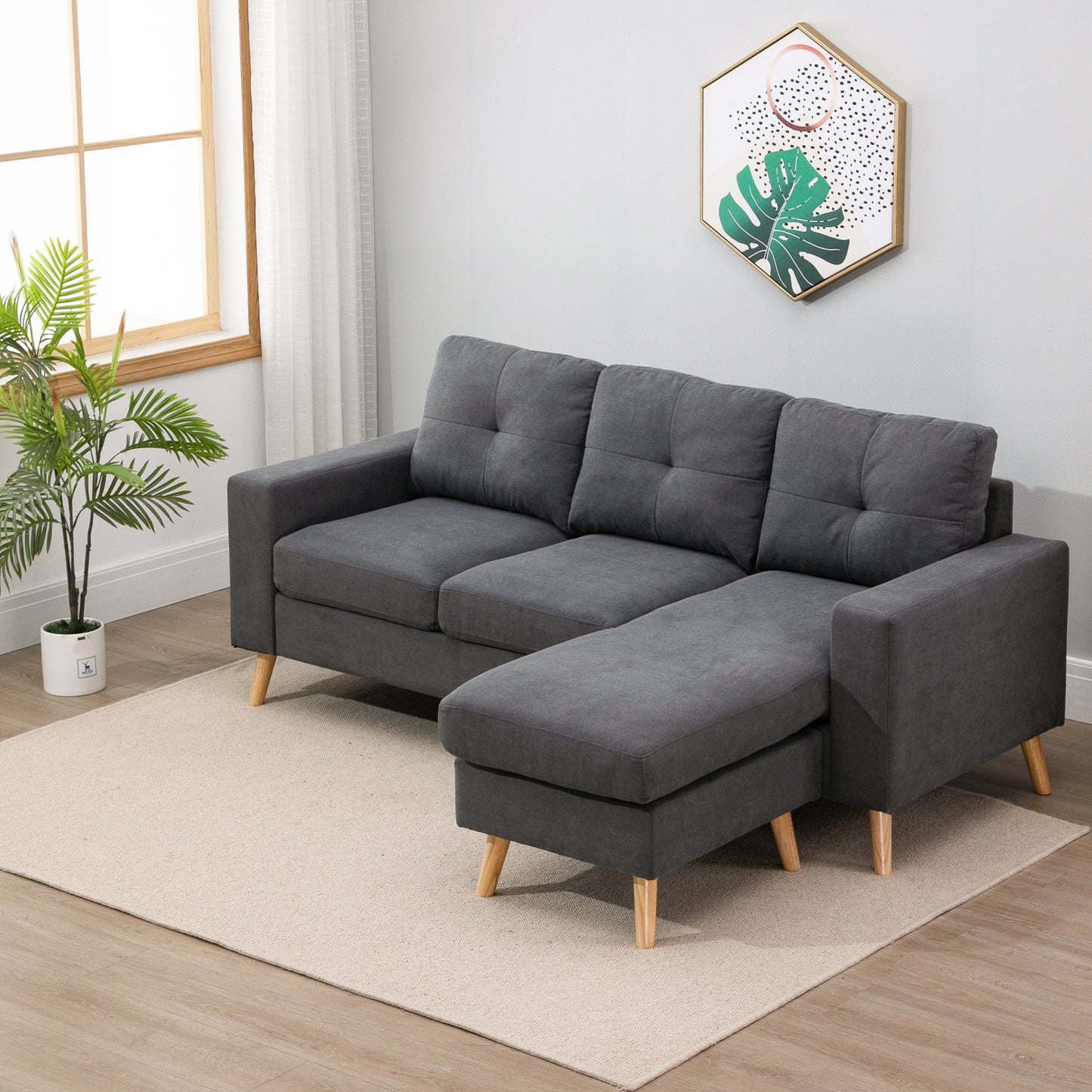 Sectional L Shaped Sofa Couch with Reversible Chaise, Wooden Legs. Great for small spaces, Living Room or Bedroom. In Dark Grey