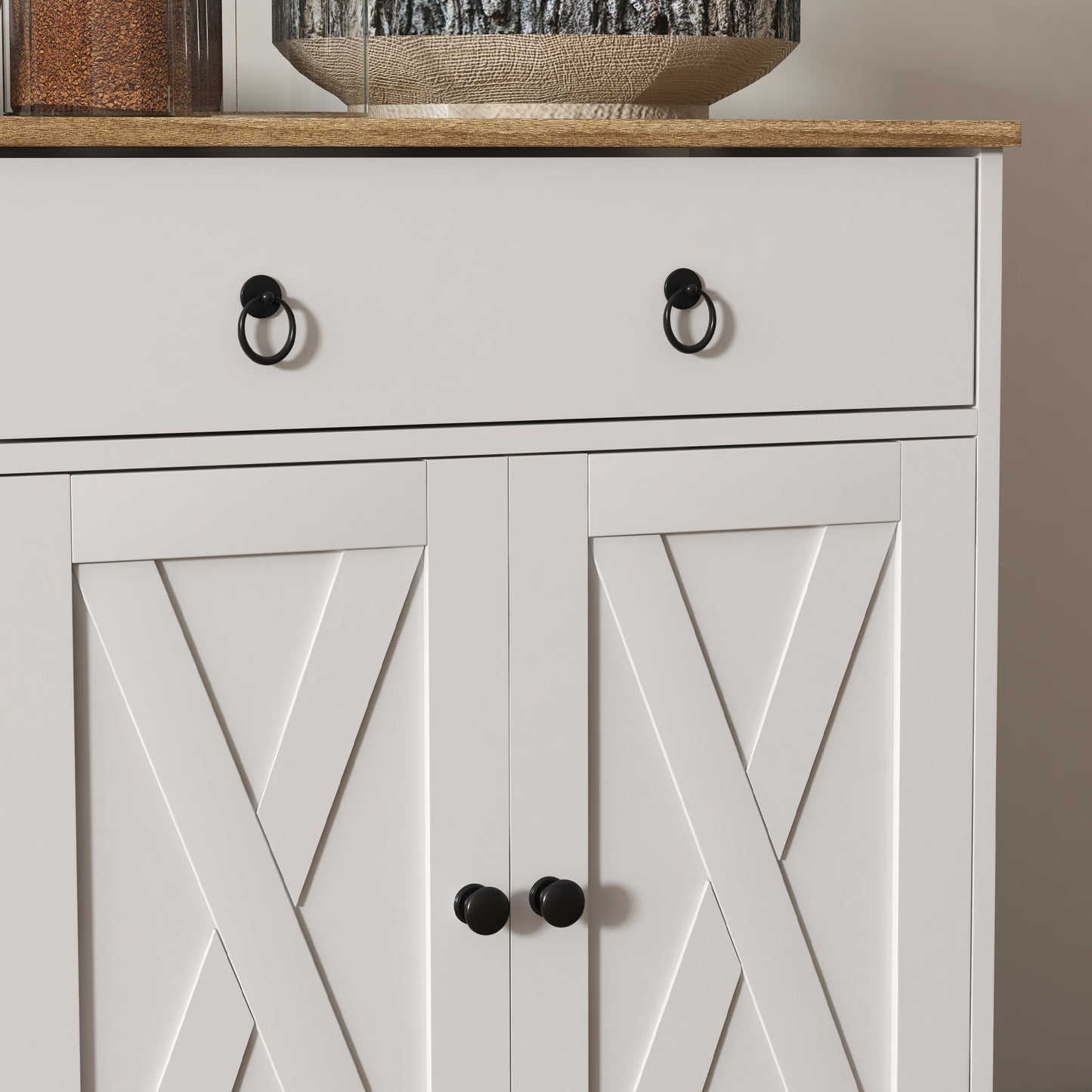 Sideboard Cabinet with 2 Drawers, 4 Barn Doors and 2 Adjustable Shelves, in White