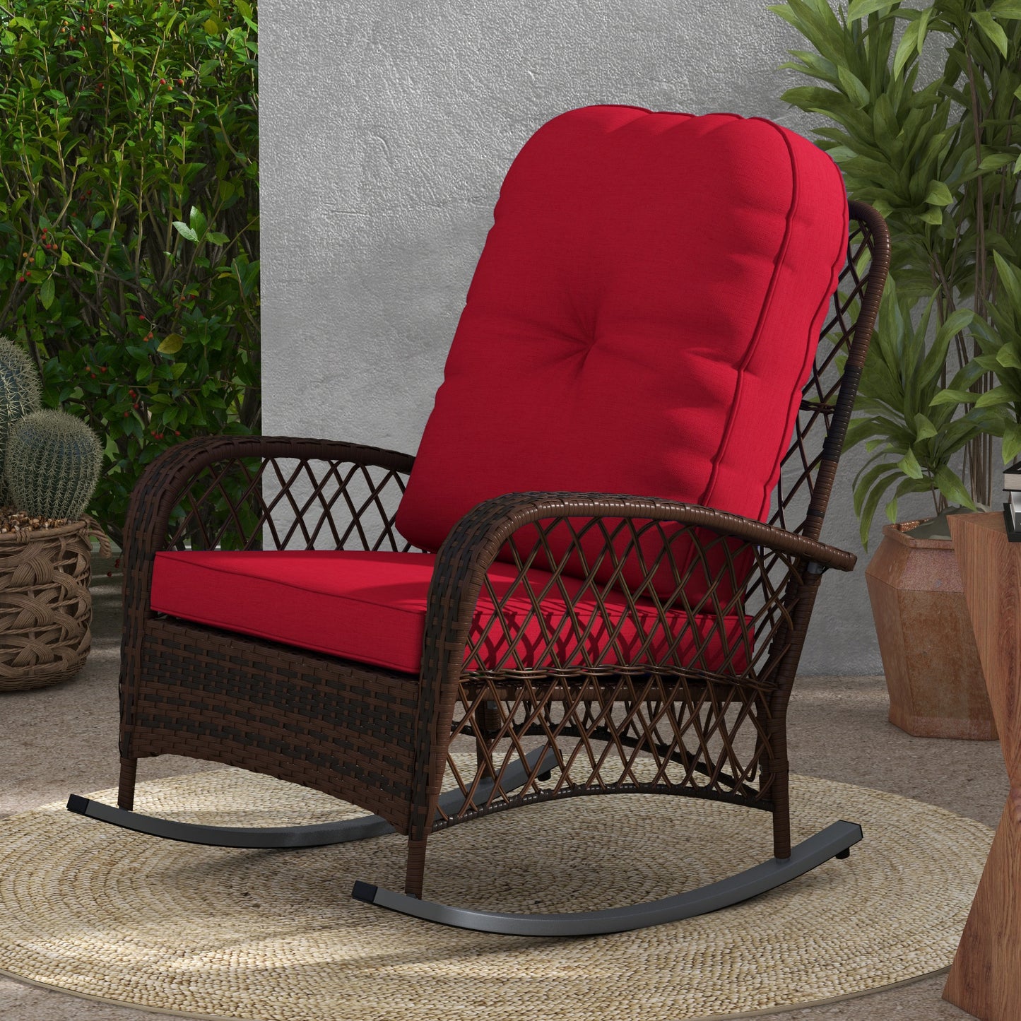 Outdoor Wicker Rattan Rocking Chair Patio Rocker with Thick Cushions for Garden Backyard Porch, Red