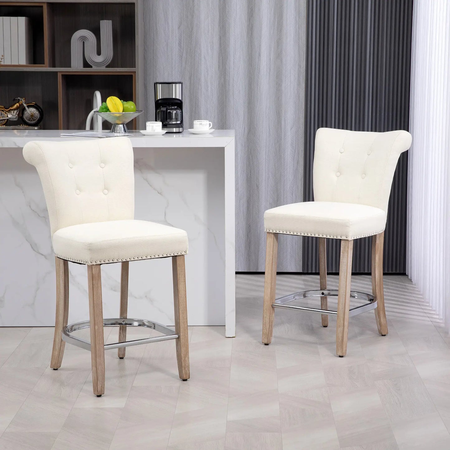 Bar Stools Set of 2, Upholstered Counter Height Stools with Button Tufted Back, Wood Legs and Footrest, in Cream White