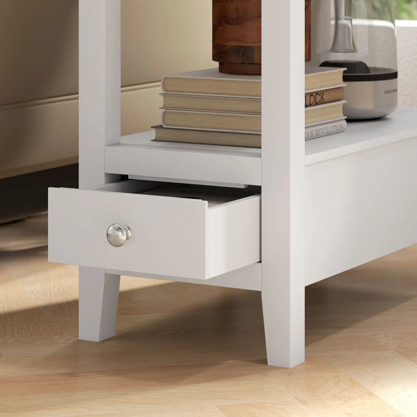 Narrow Side Table with Charging Station, USB Ports, Modern End Table with Storage Shelf, Drawers for Living Room, White