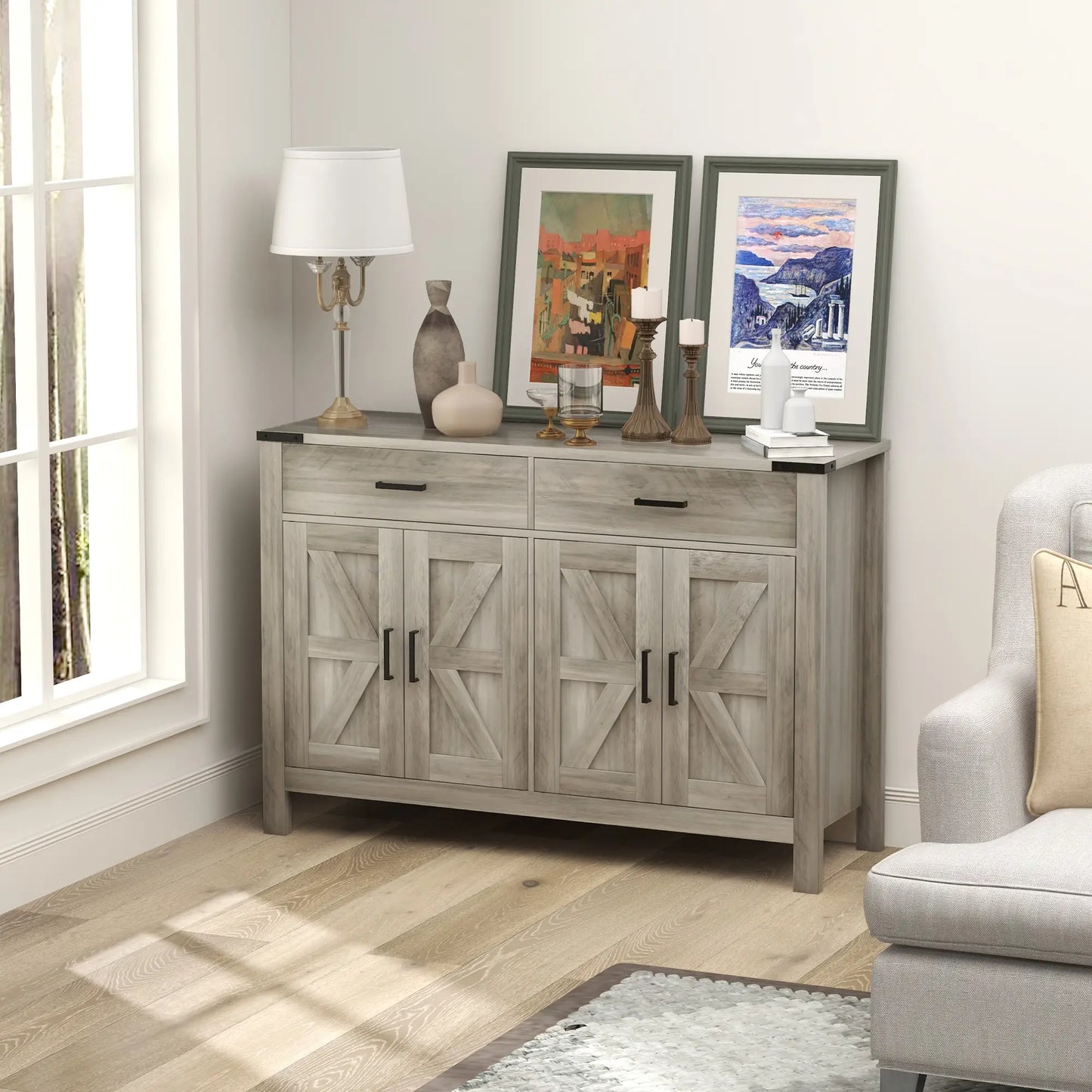 Farmhouse Buffet Cabinet Sideboard with 2 Drawers, 2 Storage Cabinets and Adjustable Shelves, Grey