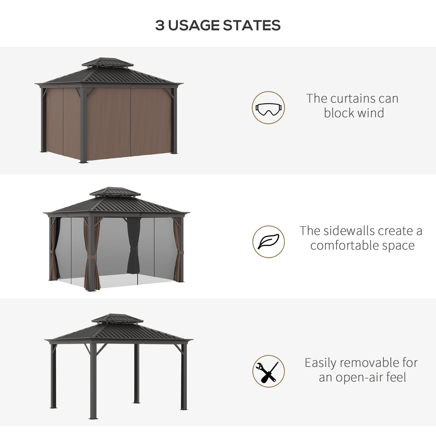 Outsunny 12' x 10' Outdoor Hardtop Gazebo with Galvanized Steel Canopy & Netting Sidewalls for Lawn, Backyard, Brown