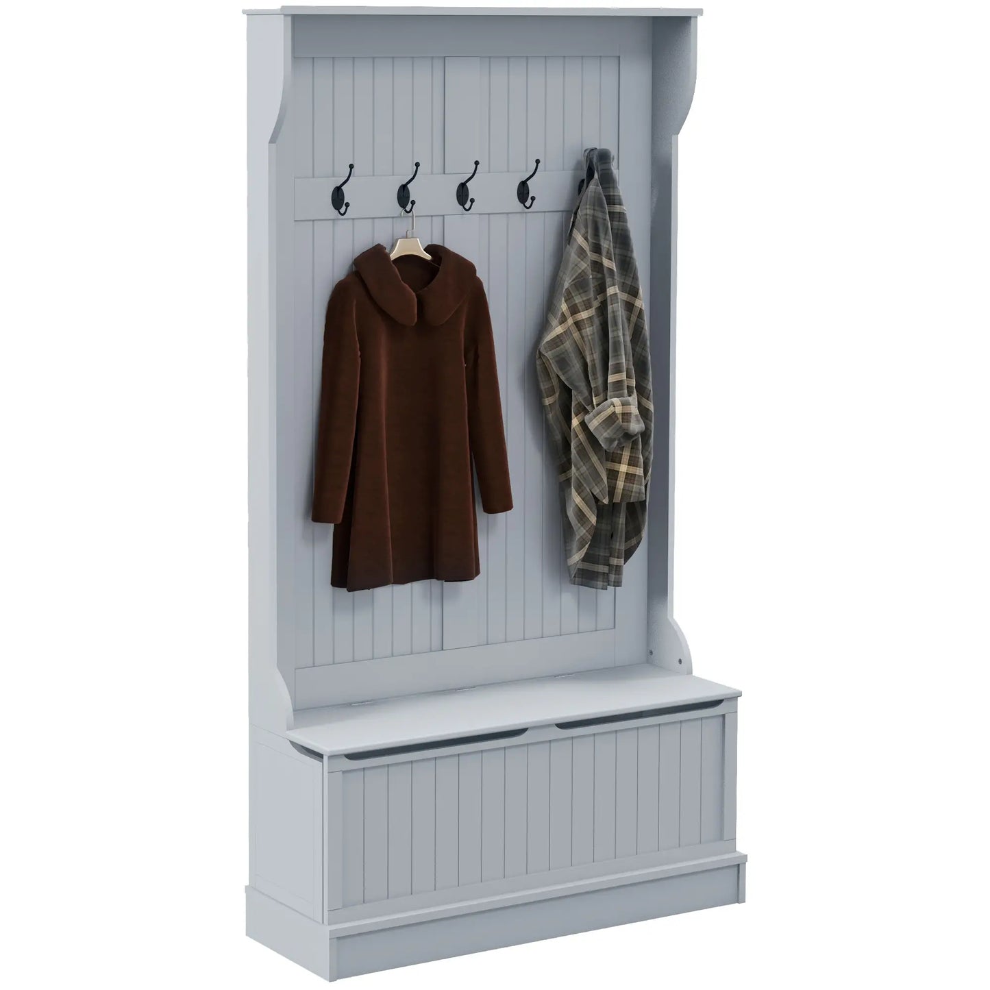 3-In-1 Entryway Hall Tree w/ Coat Rack, Shoe Storage and Bench Seat, w/ 4 Hooks in Grey