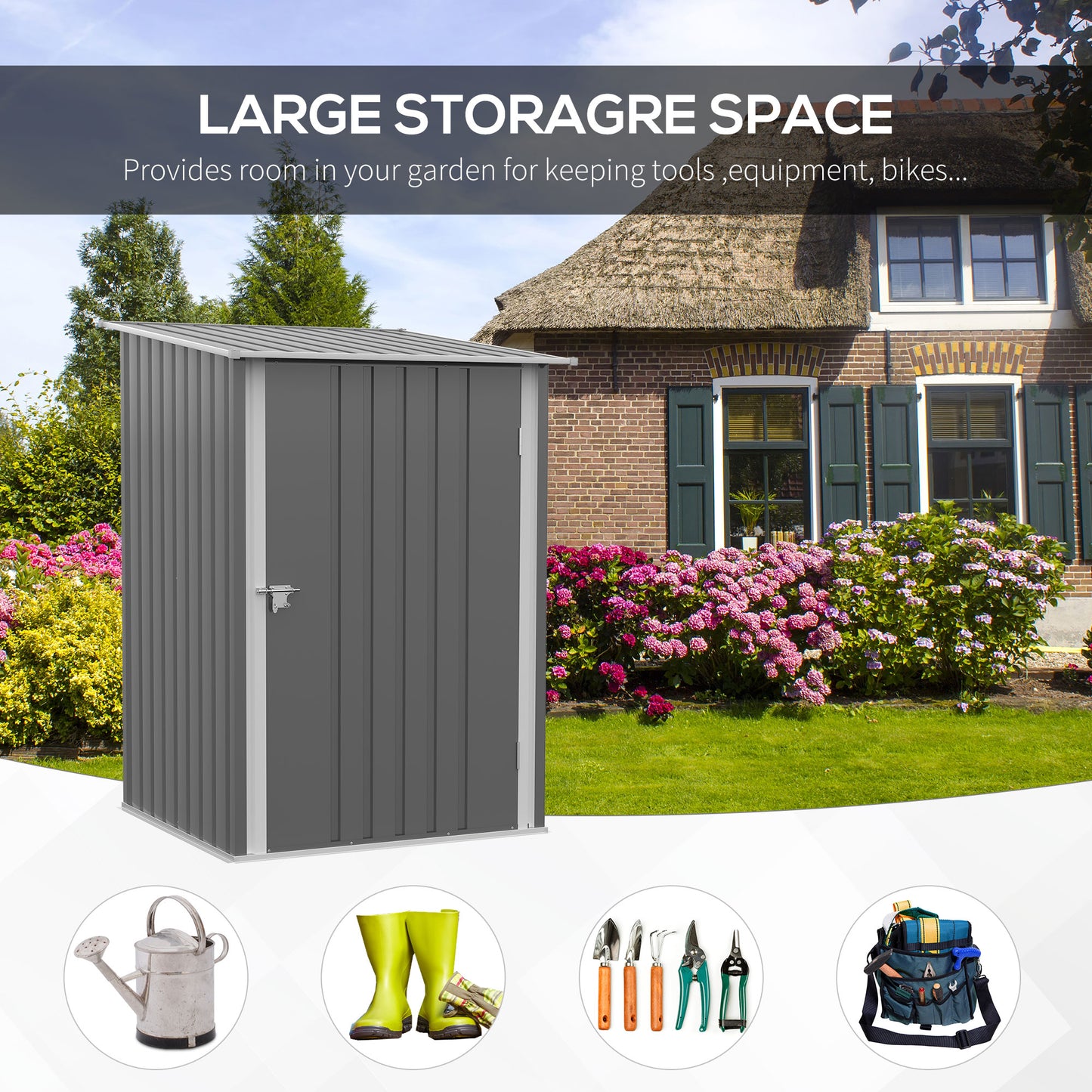 Outsunny 3.3' x 3.4' Lean-to Garden Storage Shed, Outdoor Galvanized Steel Tool House with Lockable Door for Patio Gray