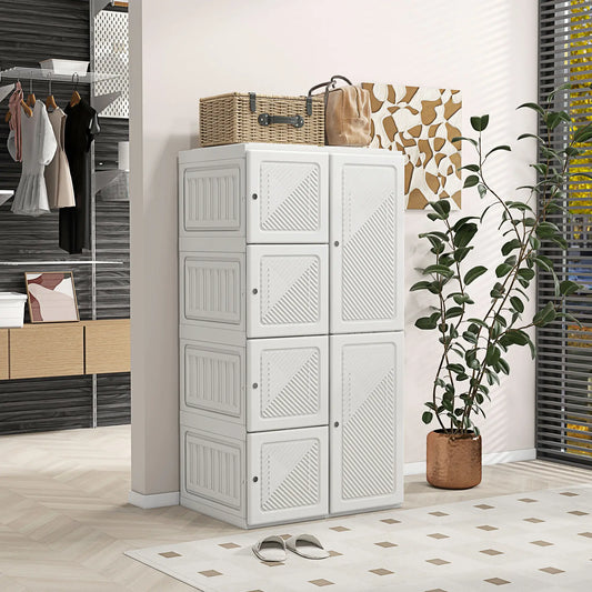 Portable Wardrobe, Foldable, Clothes Storage Organzier with 8 Compartments, Magnet Doors, White