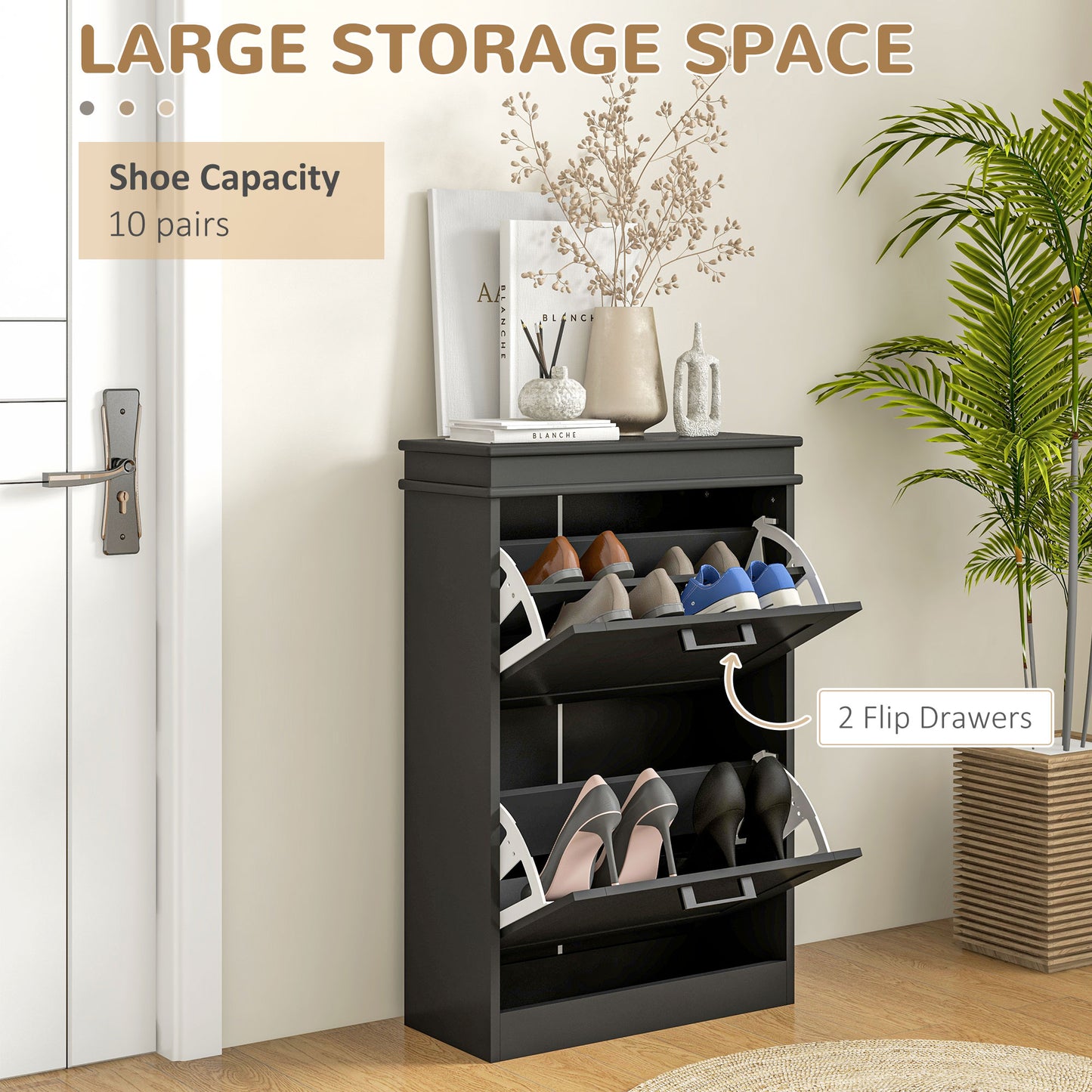 10 Pair Shoe Storage Cabinet with 2 Flip Drawers and Adjustable Shelves, Narrow, Black