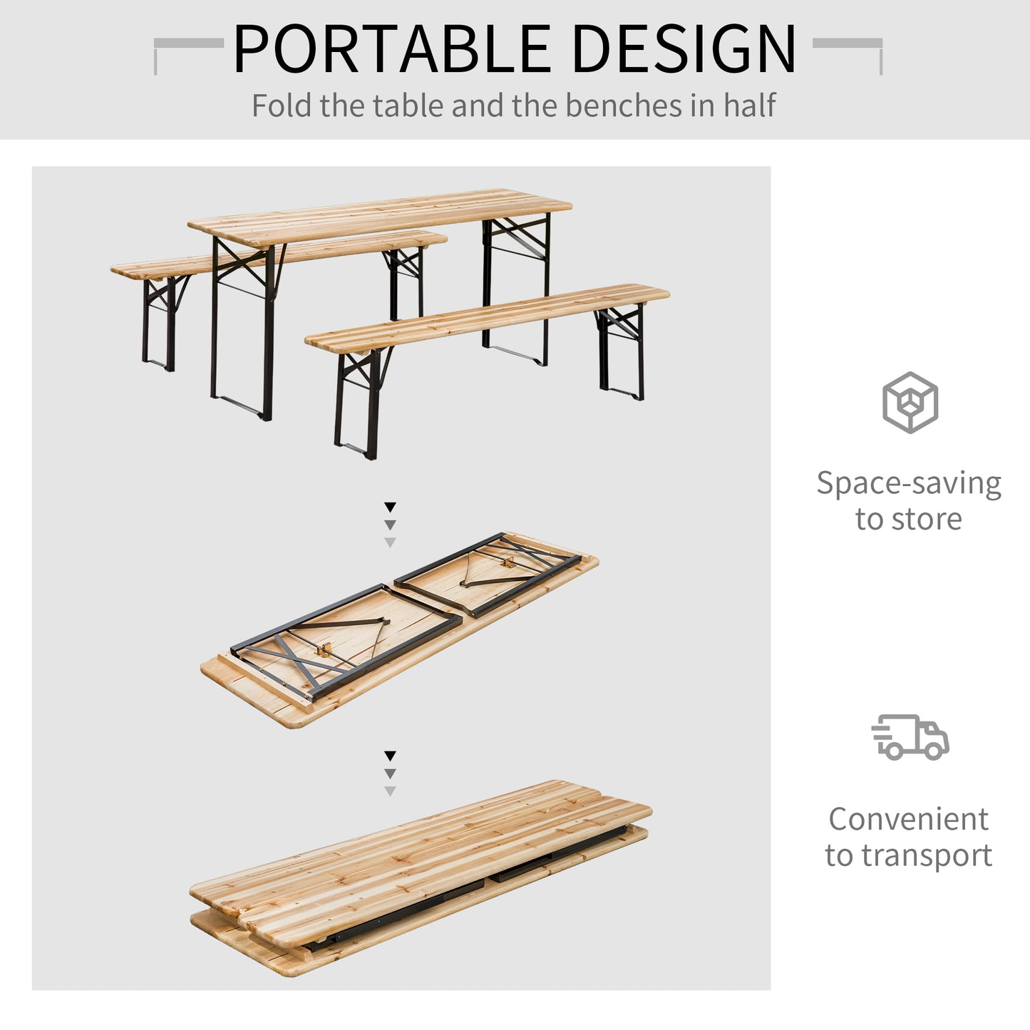 3 Pieces Folding Picnic Table Set, Portable Folding Picnic Table Set, 1 Picnic Table and 2 Benches