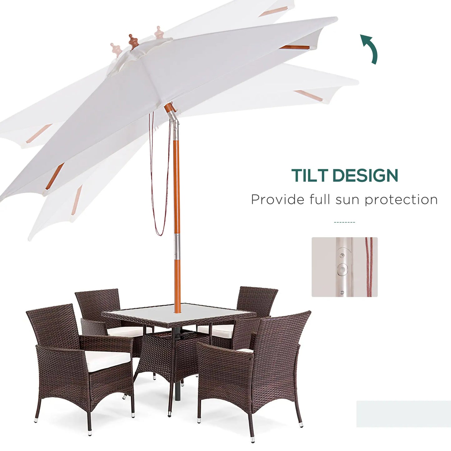 6.6x5ft Fir Wooden Patio Umbrella with Tilt Mechanism 6 Ribs Garden Sunshade, inCream White