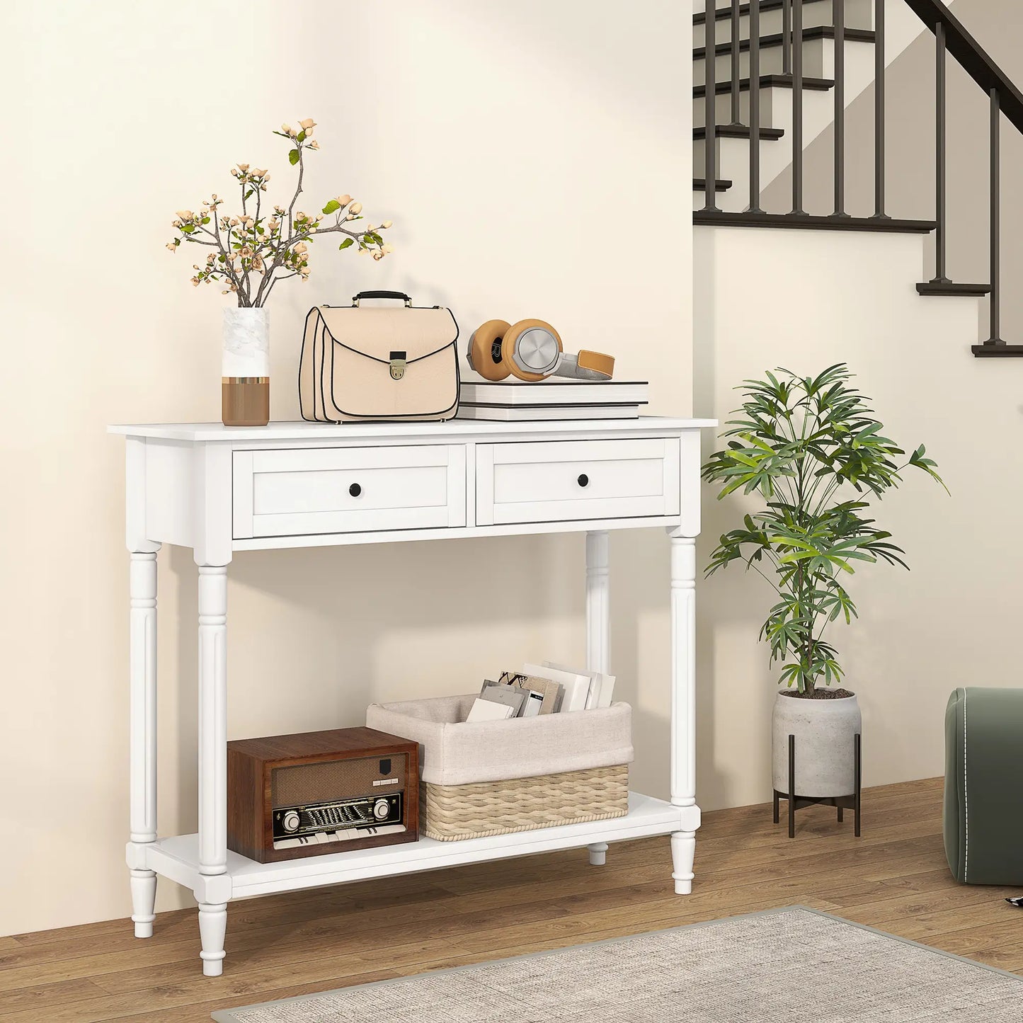 Modern Entryway Table with 2 Drawers, Storage Shelf and Turned Legs in white