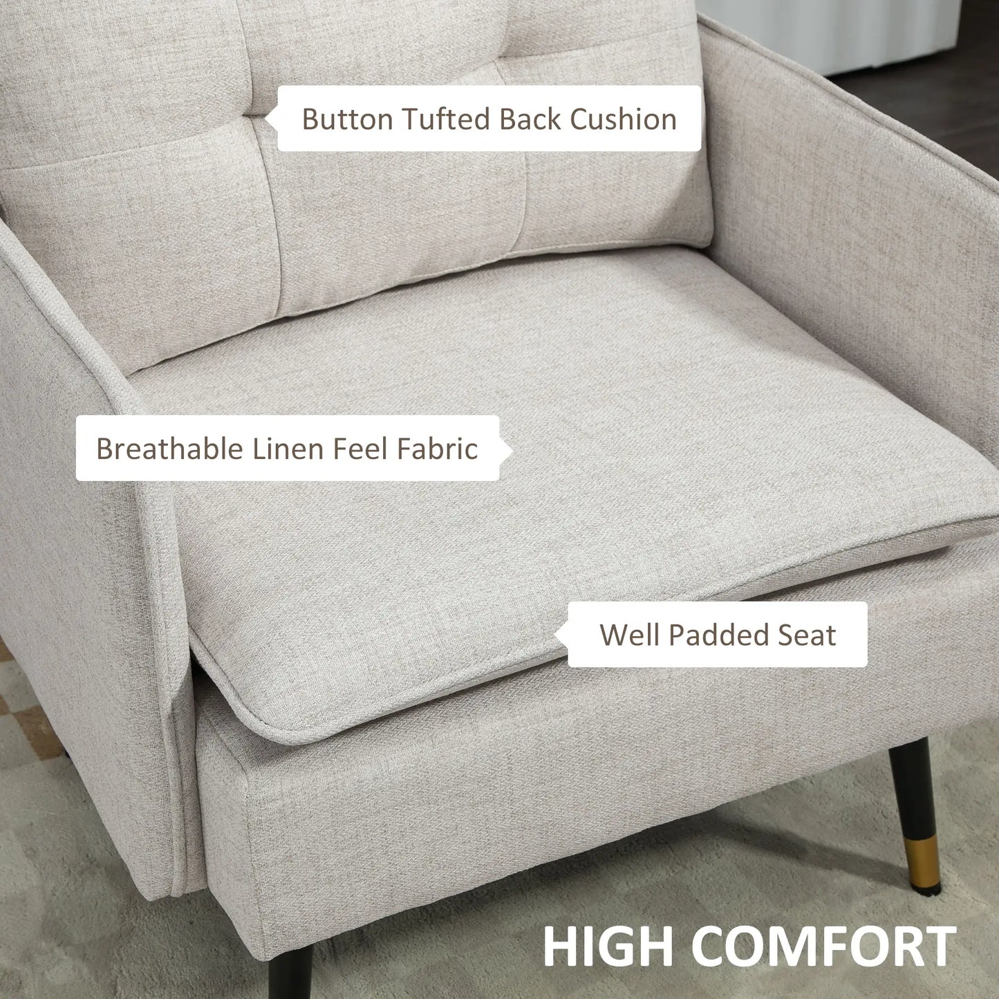 Modern Armchair, Upholstered Accent Chair with Tufted Back Cushion and Steel Legs in Cream White