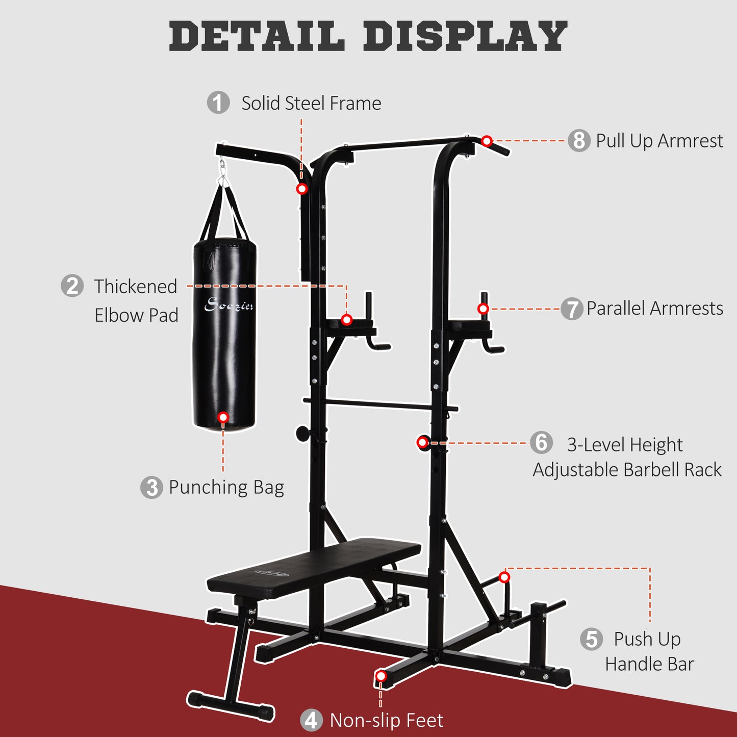 86" Power Tower Full Body Home Gym Fitness Station with Punching Bag Adjustable Sit Up Bench