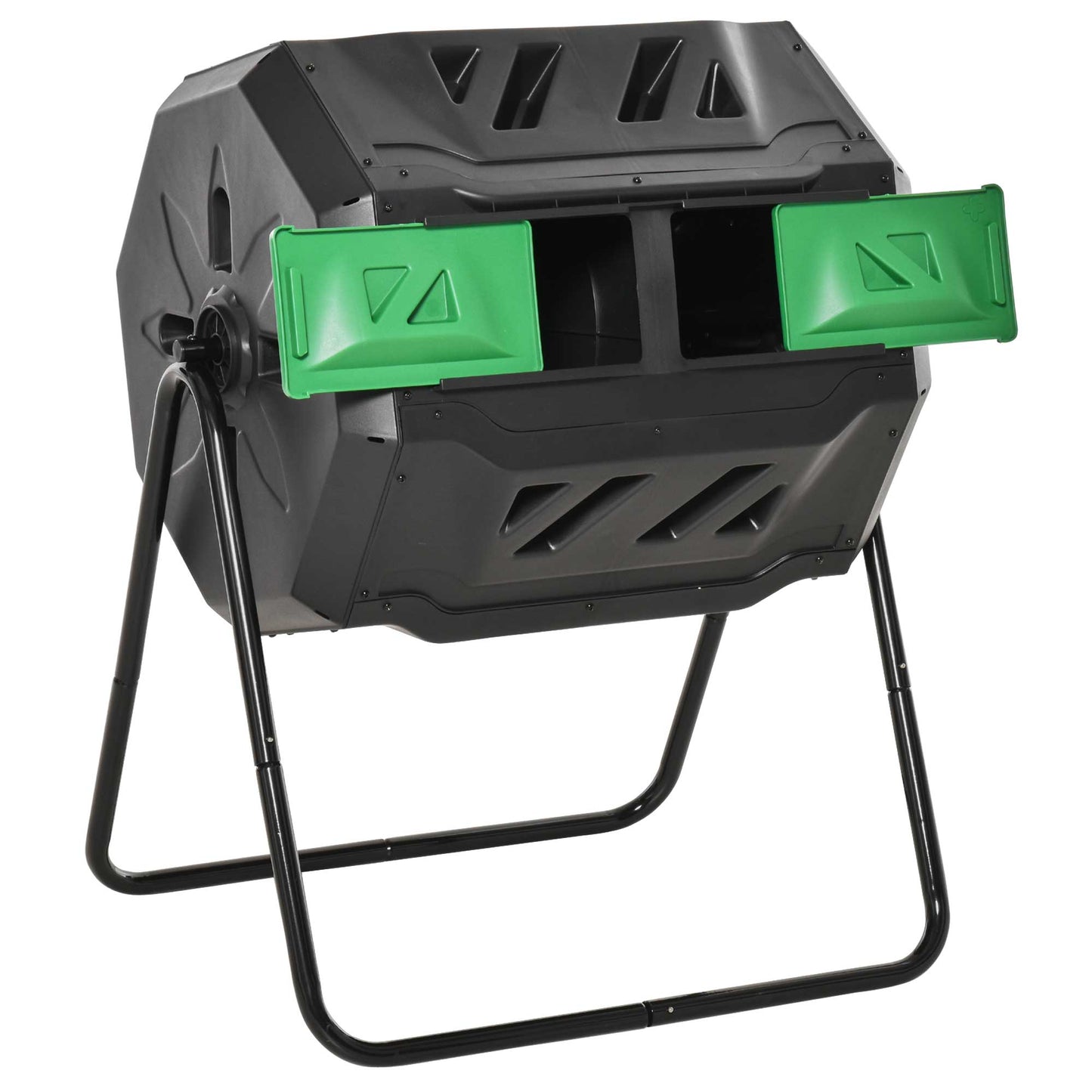 Tumbling Compost Bin Outdoor Dual Chamber 360° Rotating Composter 43 Gallon w/ Sliding Doors & Solid Steel Frame, Green