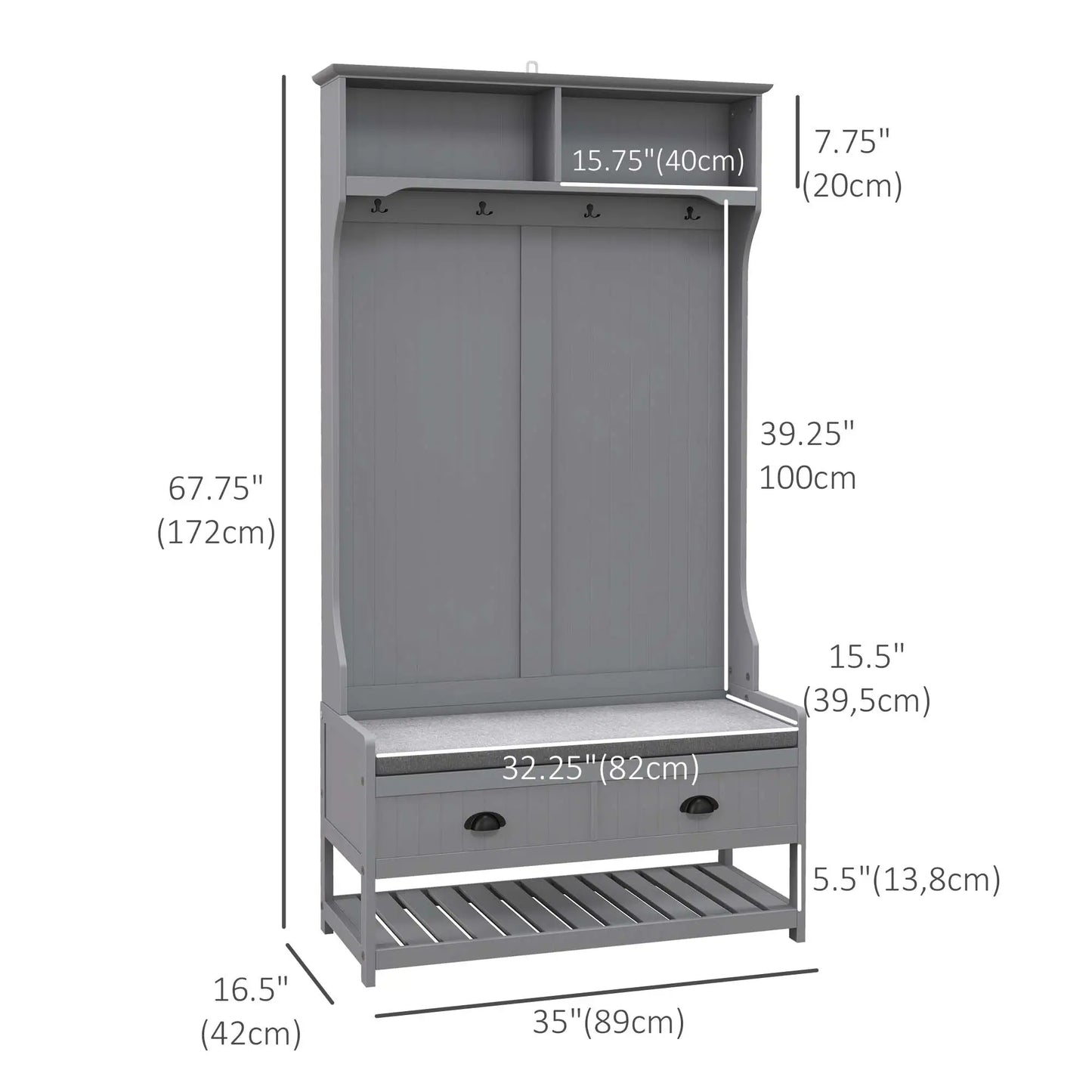 Clothing Storage, Coat Stand, Shoe Storage Bench Organizer with Coat Hanger, Drawers Padded Seat Cushion Grey