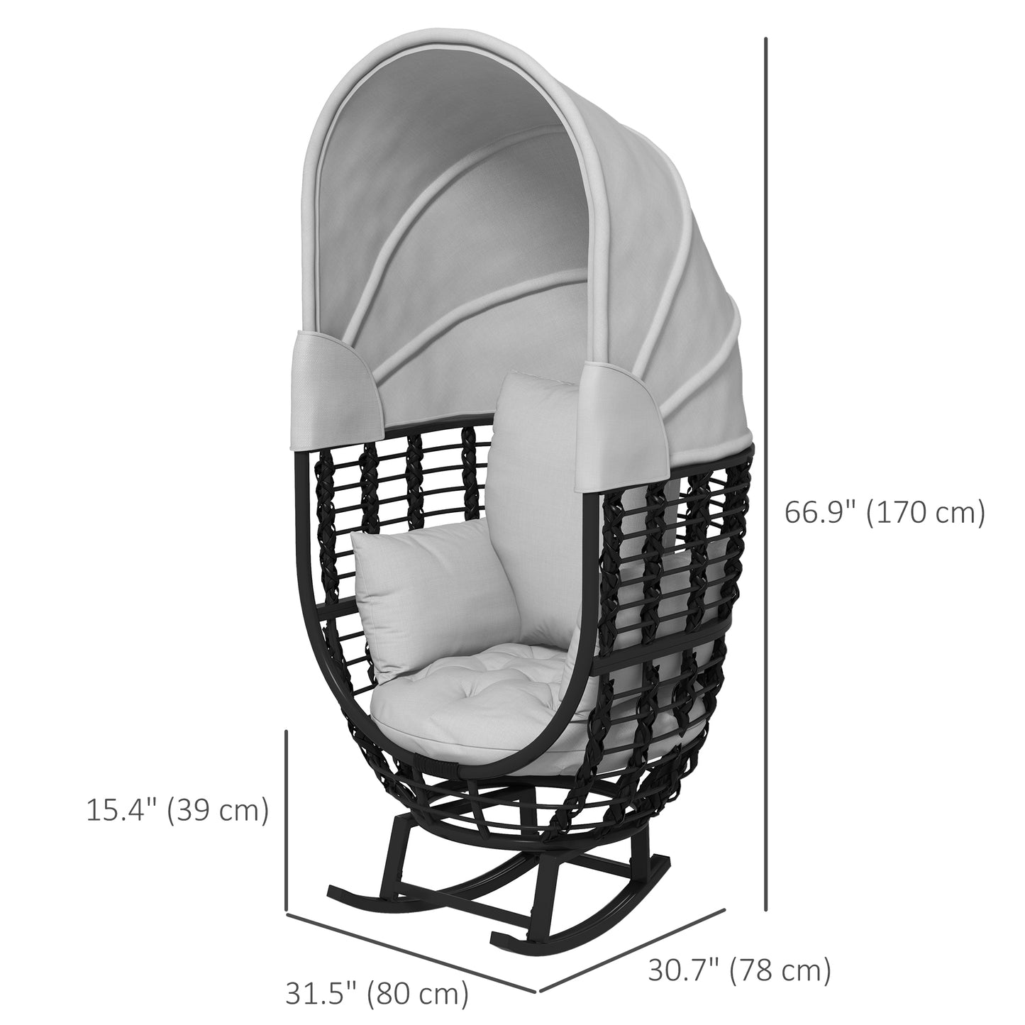 Outsunny Outdoor PE Rattan Rocking Chair with Retractable Canopy, Cushions, for Garden, Balcony, Porch, Patio, Grey