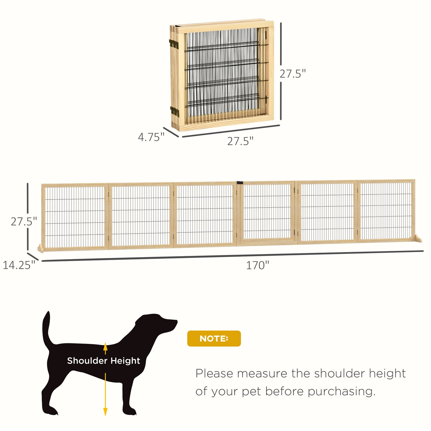 PawHut Wooden Pet Gate, Dog Safety Barrier, Freestanding Foldable Fence, w/ 6 Panels, 2 Support Feet, for House Doorway Stairs, Small & Medium Dogs, Natural Wood